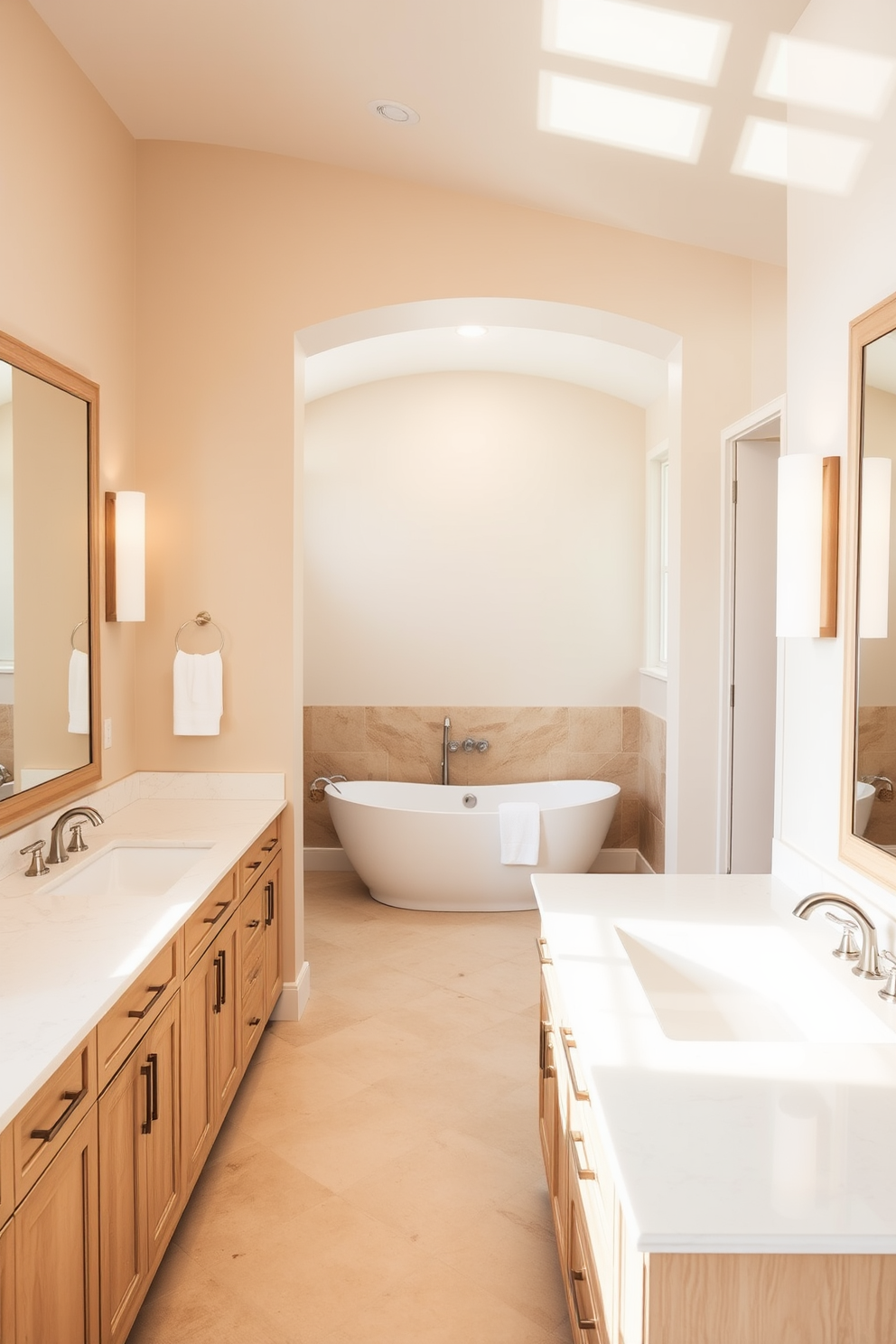 A serene master bathroom featuring a neutral color palette that evokes a calming vibe. The space includes a freestanding bathtub surrounded by soft beige walls and natural stone accents. Elegant double vanities with light wood cabinetry and white quartz countertops provide ample storage and surface area. Large mirrors above each sink reflect the warm, ambient lighting, enhancing the serene atmosphere.