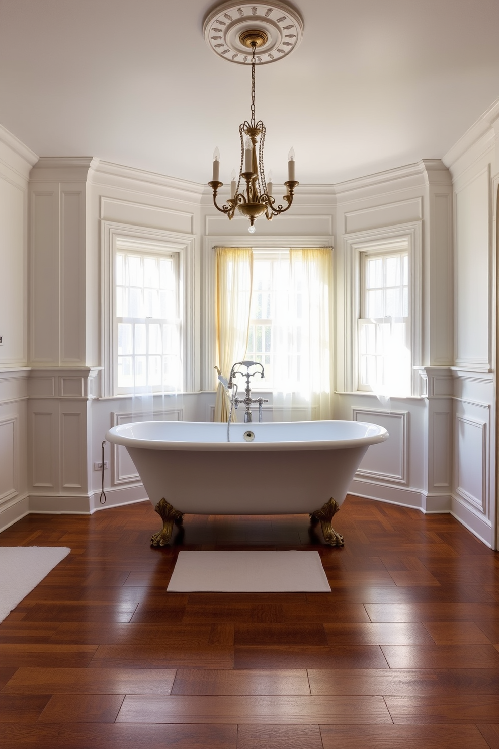 A vintage clawfoot tub sits elegantly in the center of the master bathroom, exuding classic charm and sophistication. Surrounding the tub are antique-style fixtures and a beautiful chandelier that adds a touch of luxury. The walls are adorned with intricate wainscoting painted in soft white, complementing the rich hardwood flooring. A large window lets in natural light, framed by sheer curtains that gently sway in the breeze.