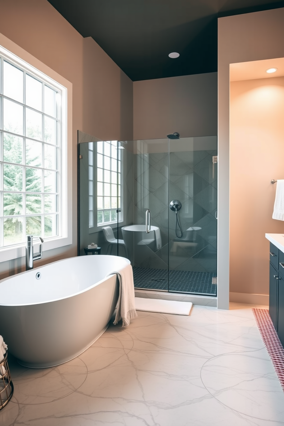 A sleek glass shower enclosure features frameless doors that open to a spacious shower area with elegant tile work. The master bathroom is adorned with a freestanding soaking tub positioned under a large window, allowing natural light to flood the space.