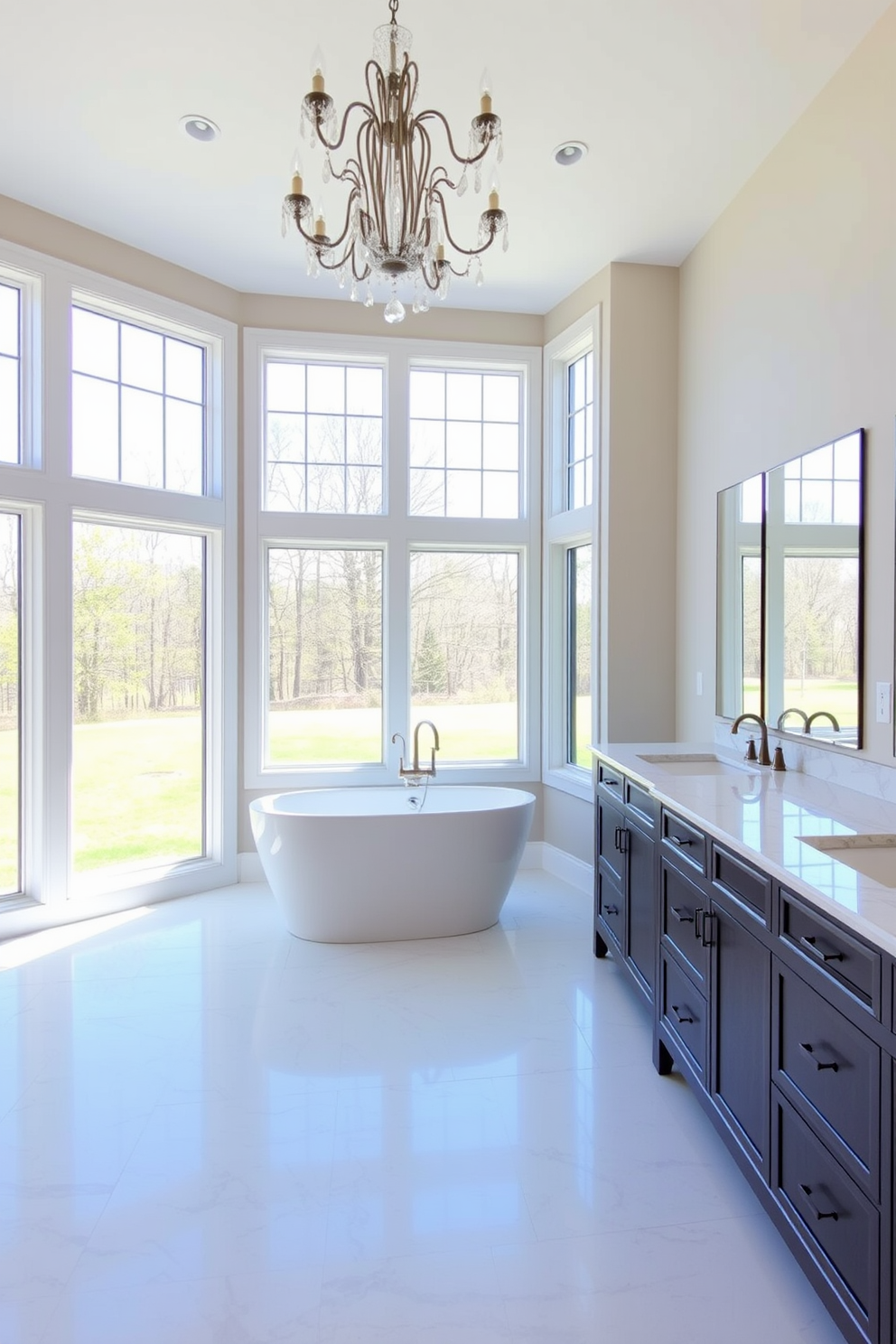 A luxurious master bathroom featuring bold geometric patterns on the floor. The space is enhanced by a freestanding soaking tub positioned under a large window, allowing natural light to flood the room. Sleek, modern fixtures in matte black contrast beautifully with the bright white walls. A spacious double vanity with a unique geometric design complements the striking floor pattern, creating a cohesive and stylish look.