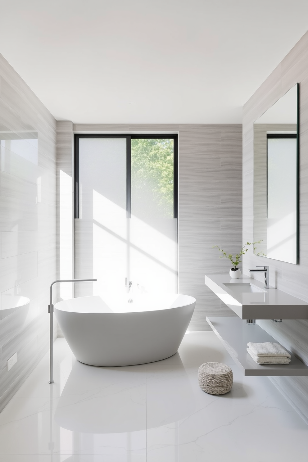 A serene master bathroom featuring a freestanding soaking tub positioned near a large window that allows natural light to flood the space. The walls are adorned with soft gray tiles, and the floor is a sleek white marble, creating a tranquil atmosphere. A floating vanity with a single sink is complemented by a large, frameless mirror that enhances the sense of space. Simple greenery in a small pot adds a touch of freshness to the minimalist aesthetic.