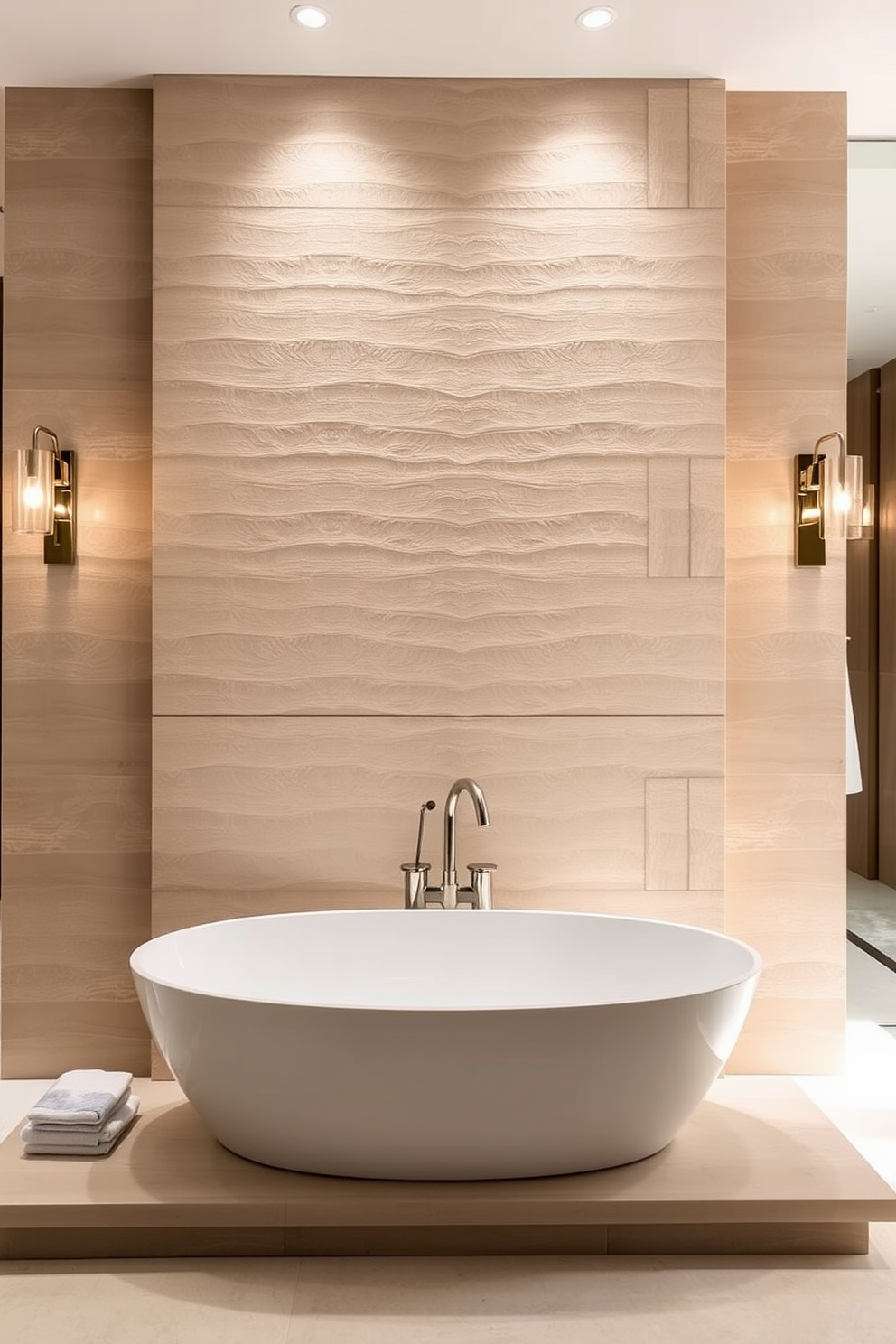 Textured wall panels create a stunning focal point in a master bathroom. The panels are complemented by elegant lighting fixtures that enhance the overall ambiance of the space. A freestanding soaking tub sits gracefully in front of the textured wall, surrounded by minimalist decor. The color palette features soft neutrals and warm tones, creating a serene and inviting atmosphere.