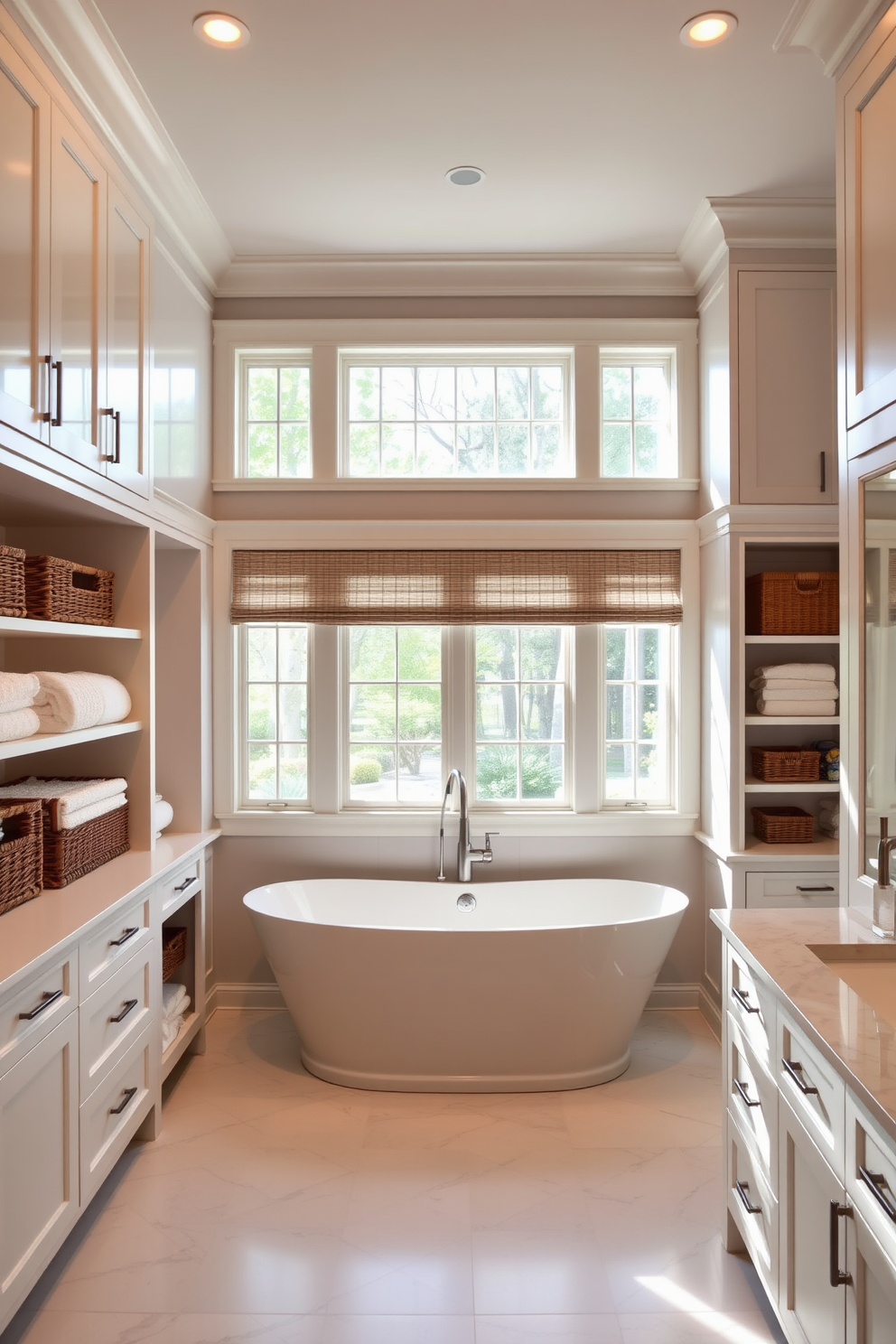 A master bathroom featuring integrated storage solutions that enhance organization. Custom cabinetry lines the walls, providing ample space for toiletries and towels while maintaining a sleek aesthetic. The central focus is a freestanding soaking tub, surrounded by built-in shelves filled with decorative baskets. Natural light floods the space through large windows, highlighting the elegant finishes and calming color palette.