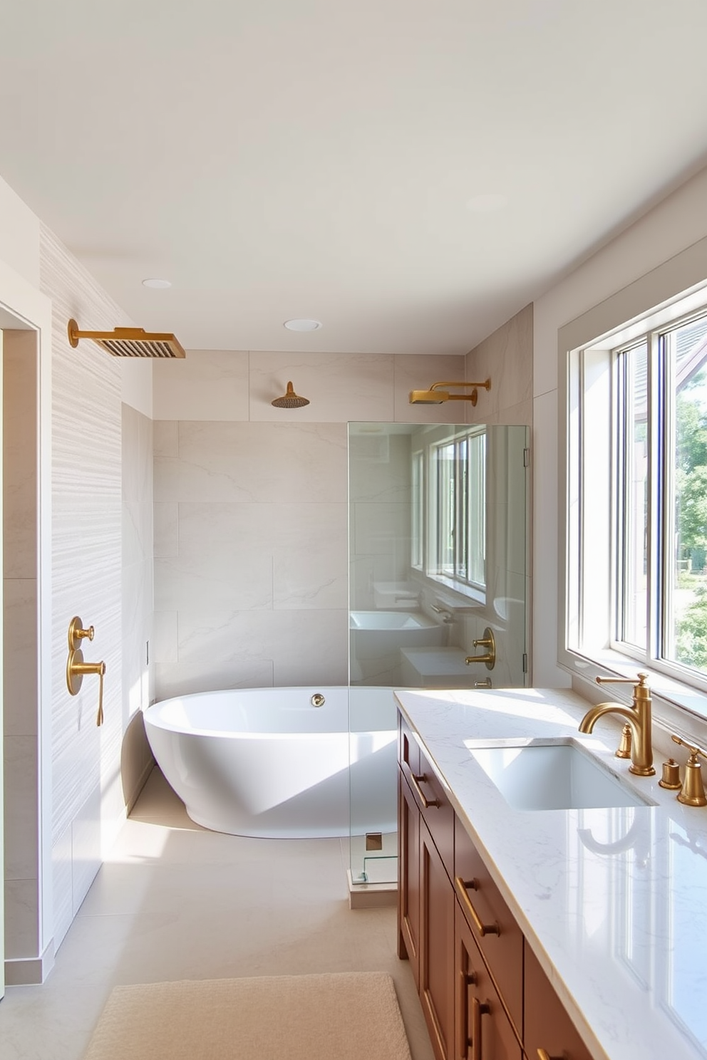 A master bathroom featuring a rainfall showerhead creates a luxurious experience. The space includes a freestanding soaking tub positioned near a large window, allowing natural light to flood in. The walls are adorned with textured tiles in soft neutral tones, complemented by elegant brass fixtures. A spacious double vanity with a polished stone countertop provides ample storage and style.