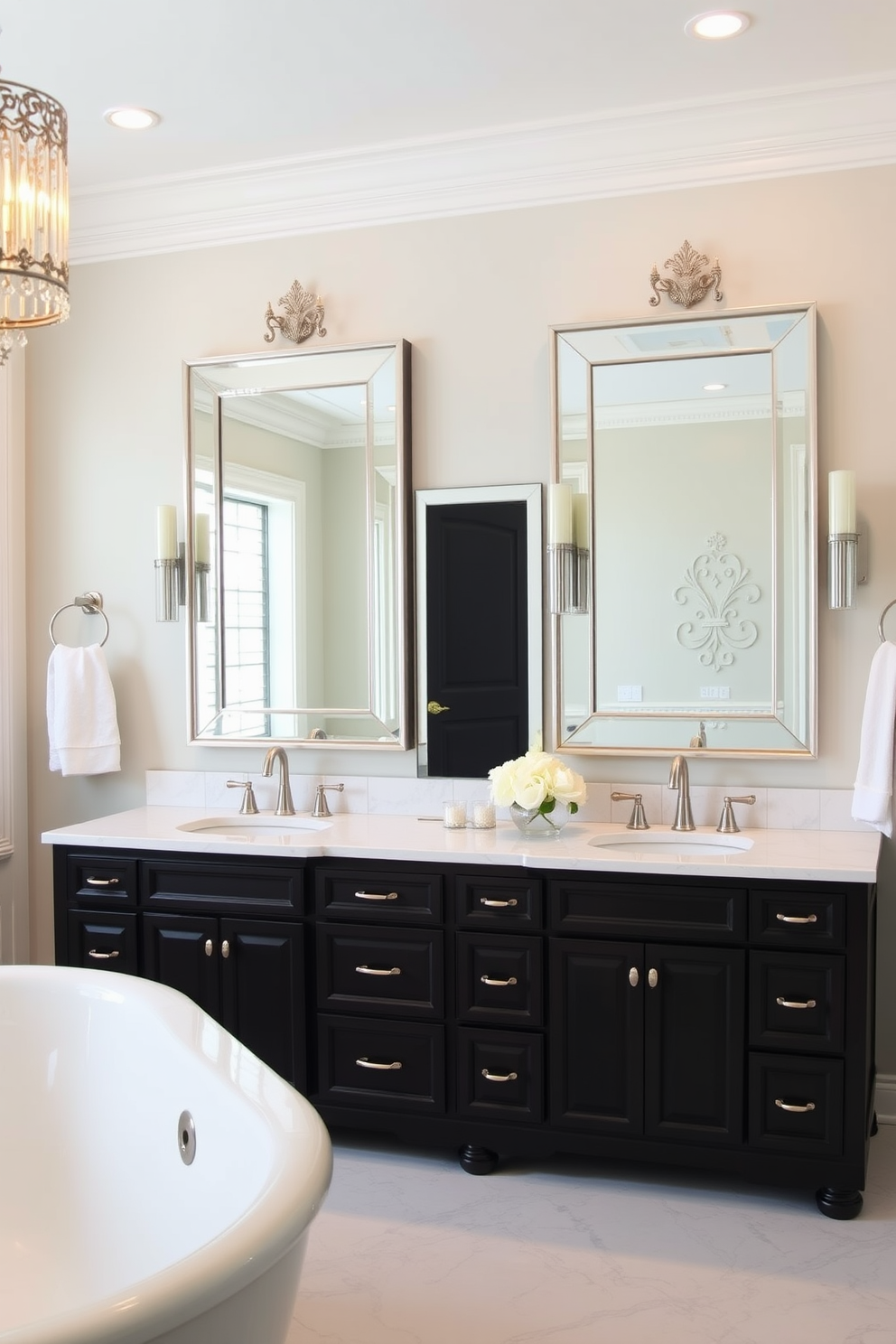 A master bathroom featuring bold color accents that create a dramatic effect. The walls are painted in a deep navy blue, complemented by vibrant yellow accessories like towels and decorative items. The freestanding bathtub is a striking white, positioned under a large window with sheer curtains allowing natural light to filter in. A modern double vanity with a glossy black finish contrasts beautifully with the colorful accents throughout the space.