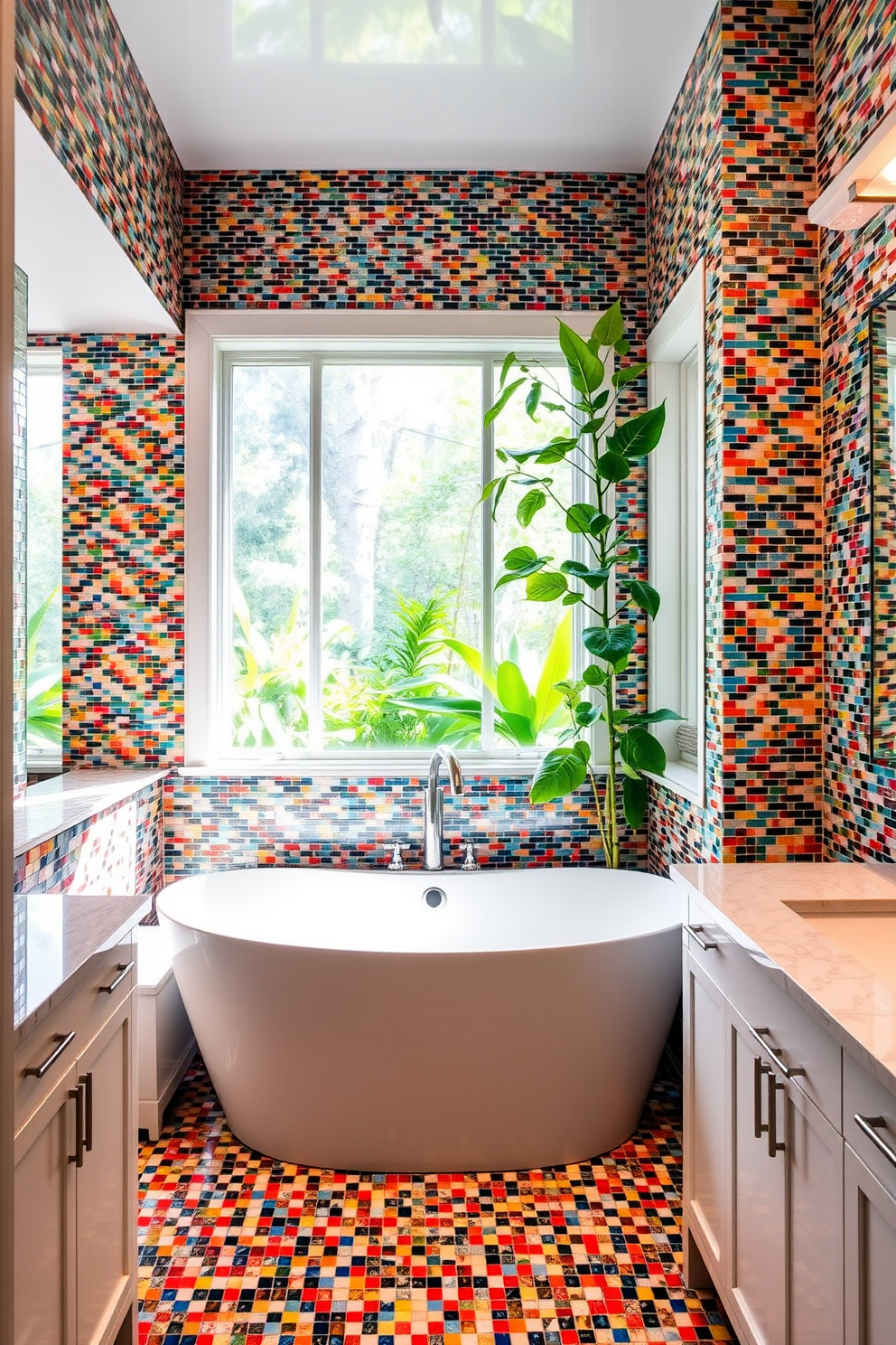 A vibrant master bathroom featuring colorful mosaic tiles that create an artistic flair. The walls are adorned with intricate tile patterns that blend various hues, enhancing the overall aesthetic of the space. The centerpiece is a freestanding soaking tub surrounded by lush greenery and natural light streaming in from large windows. Complementing the tiles, the cabinetry is sleek and modern, providing ample storage while maintaining a clean and sophisticated look.