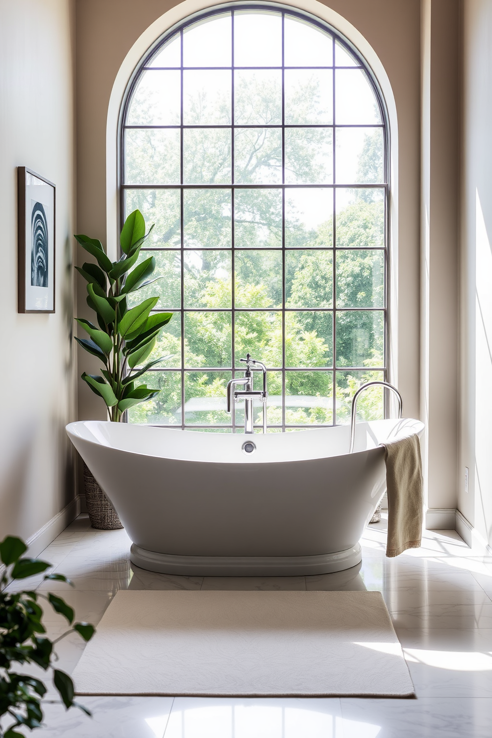 A serene master bathroom filled with natural light streaming through large floor-to-ceiling windows. The space features a freestanding soaking tub positioned in front of the windows, surrounded by lush greenery for a spa-like atmosphere. Elegant dual sinks are set in a floating wooden vanity with a sleek quartz countertop. Soft, neutral colors on the walls and warm wood accents create a calming and inviting environment.