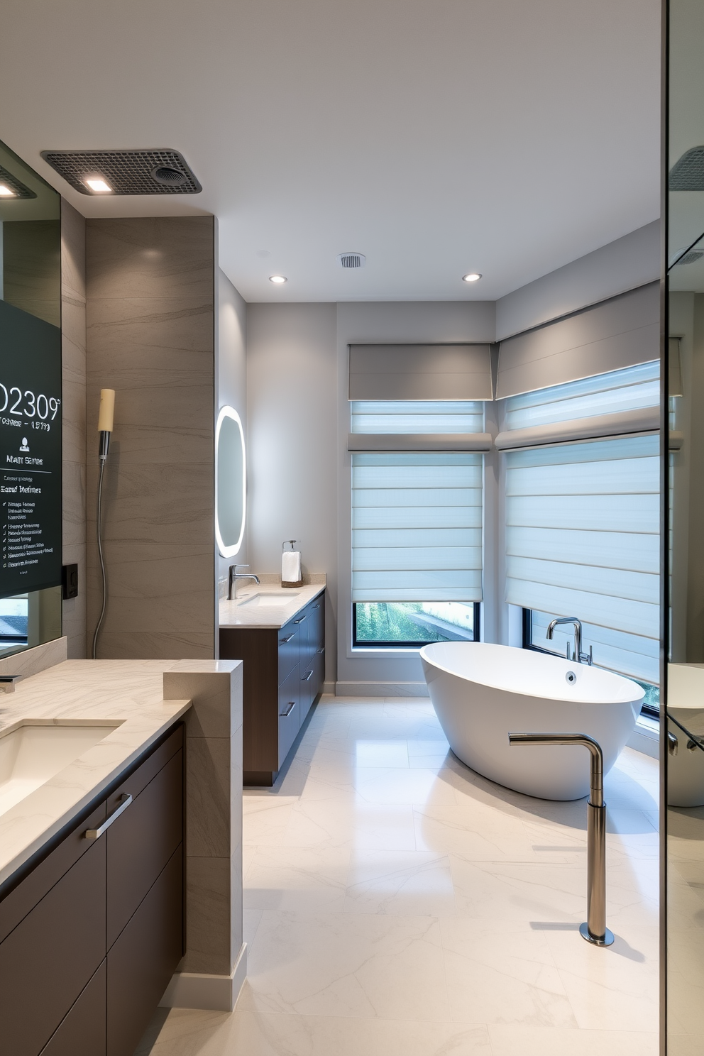 A luxurious master bathroom featuring smart technology integrated seamlessly throughout the space. The room includes a digital shower system with customizable settings and a smart mirror that displays information and lighting options. The design showcases a freestanding soaking tub positioned near a large window with automated shades. Sleek cabinetry with touchless faucets and ambient lighting creates an atmosphere of modern convenience and sophistication.