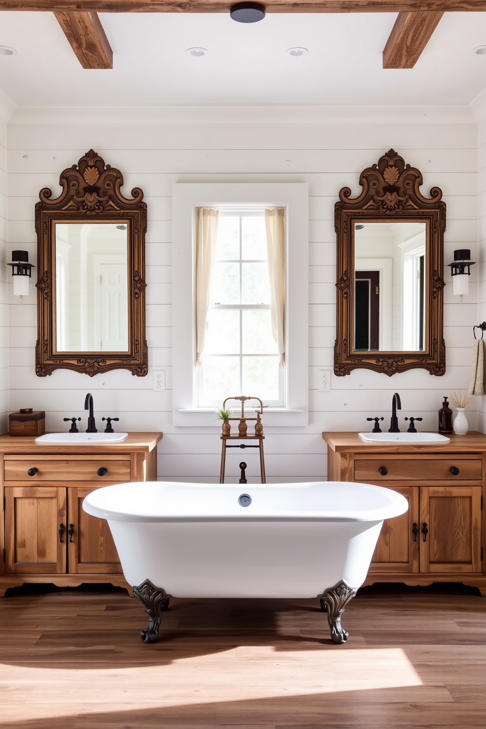 A rustic farmhouse master bathroom featuring reclaimed wood elements and vintage accents. The centerpiece is a freestanding soaking tub with a classic clawfoot design, surrounded by shiplap walls painted in a soft white hue. Flanking the tub are two antique-style sinks mounted on a weathered wooden vanity. Above the sinks, ornate mirrors with distressed frames reflect the natural light coming through a large window adorned with linen curtains.