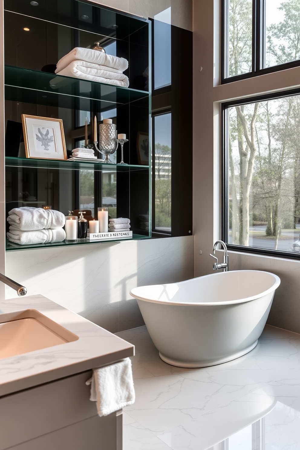 A serene master bathroom filled with lush greenery. Large potted plants are strategically placed near the soaking tub, creating a refreshing oasis. The walls are adorned with natural stone tiles in earthy tones. A freestanding bathtub sits elegantly beneath a large window that invites natural light, enhancing the tranquil atmosphere.