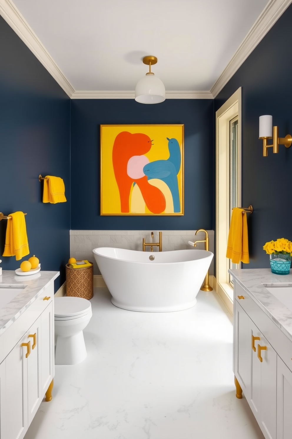 A master bathroom featuring bold color accents that infuse vibrant personality into the space. The walls are painted in a deep navy blue, complemented by bright yellow accessories such as towels and decorative items. A freestanding soaking tub sits at the center, surrounded by colorful artwork that adds a playful touch. The vanity is a sleek white with gold fixtures, providing a modern contrast to the lively color palette.