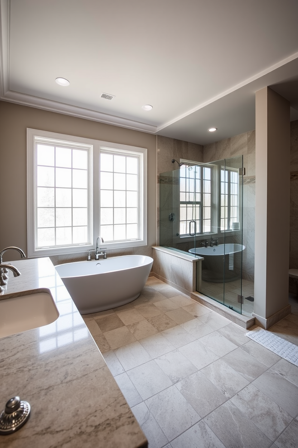 A modern master bathroom features a sleek floating vanity with a glossy finish that complements the overall design. Above the vanity, a large frameless mirror reflects natural light, enhancing the spacious feel of the room. The walls are adorned with large format tiles in a soft neutral tone, creating a calming atmosphere. A freestanding soaking tub is positioned strategically near a window, offering a serene view and a touch of luxury.