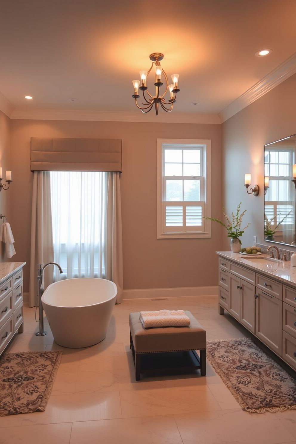 A serene master bathroom retreat featuring soft ambient lighting that creates a relaxing atmosphere. The space includes a freestanding soaking tub positioned near a large window with sheer curtains, allowing natural light to filter in gently. Elegant wall sconces provide additional illumination, casting a warm glow over the marble-topped double vanity. The flooring is a combination of large format tiles in a light neutral tone, complemented by plush area rugs for added comfort.