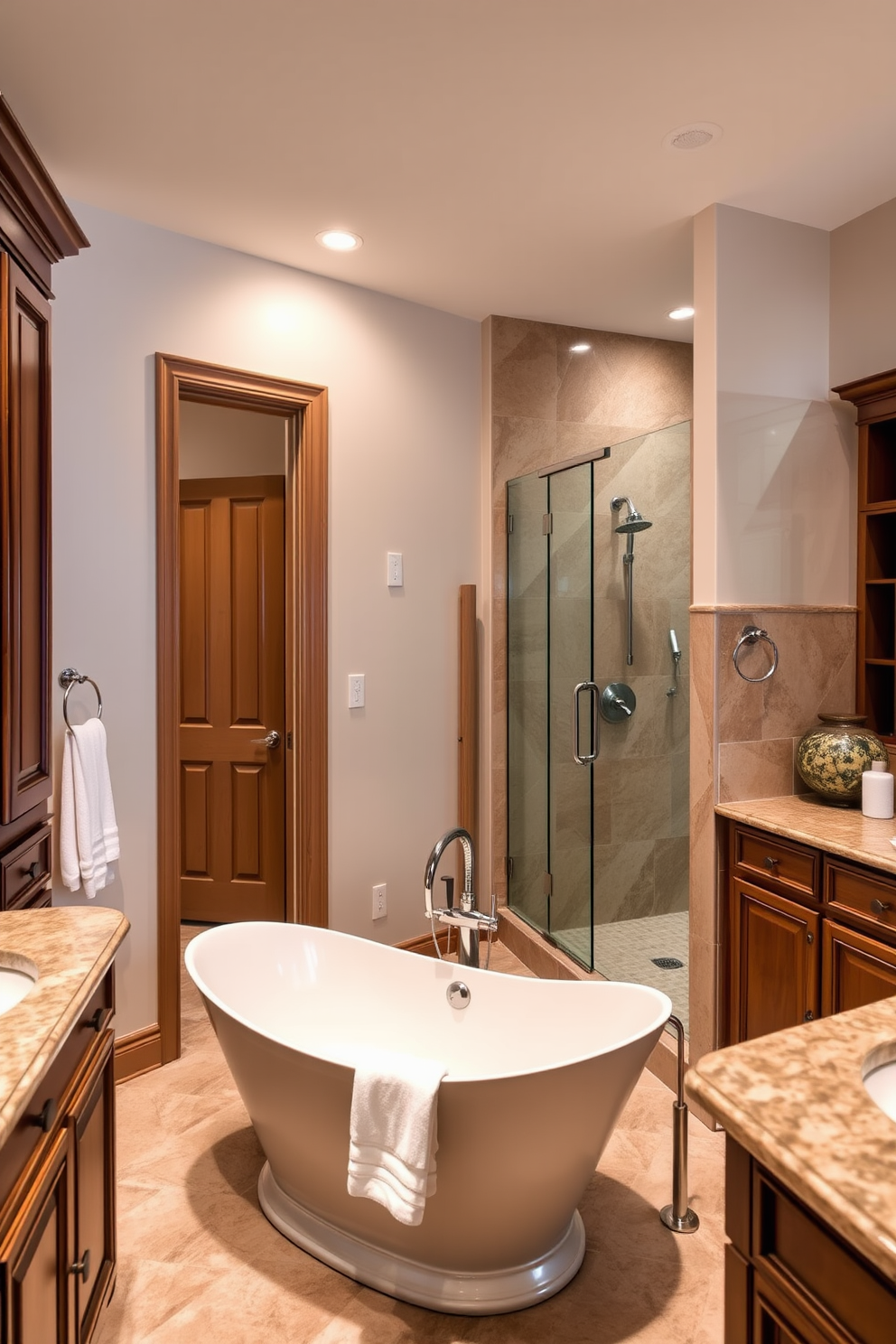 A luxurious master bathroom featuring a separate water closet for enhanced privacy. The space is adorned with elegant fixtures, including a freestanding soaking tub and a spacious walk-in shower with glass doors. The walls are painted in a soft, calming hue, complemented by natural stone accents. Rich wooden cabinetry provides ample storage, while plush towels and decorative elements add a touch of sophistication.