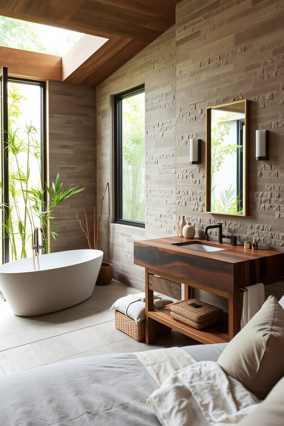 A spa-like retreat featuring natural materials. The space includes a freestanding soaking tub surrounded by bamboo plants and large windows that let in natural light. The walls are adorned with textured stone tiles, creating a calming atmosphere. A double sink vanity made of reclaimed wood complements the organic feel, while soft, neutral linens add a touch of luxury.