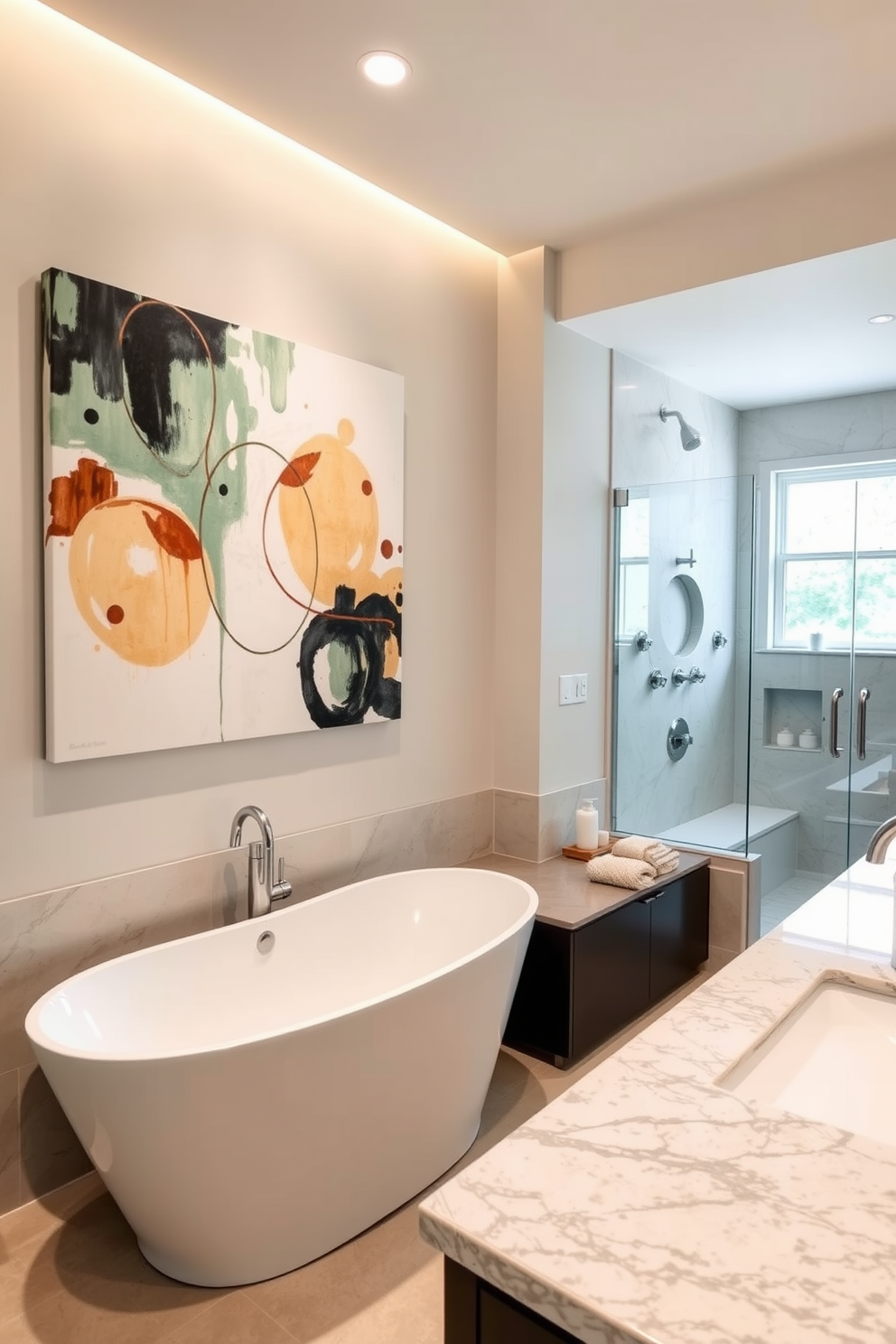 Cohesive color schemes for a unified look. The master bathroom features soft gray walls paired with crisp white cabinetry, creating a serene atmosphere. Natural wood accents add warmth to the space, while brushed nickel fixtures provide a modern touch. Large format tiles in a light beige tone cover the floor, enhancing the feeling of openness.