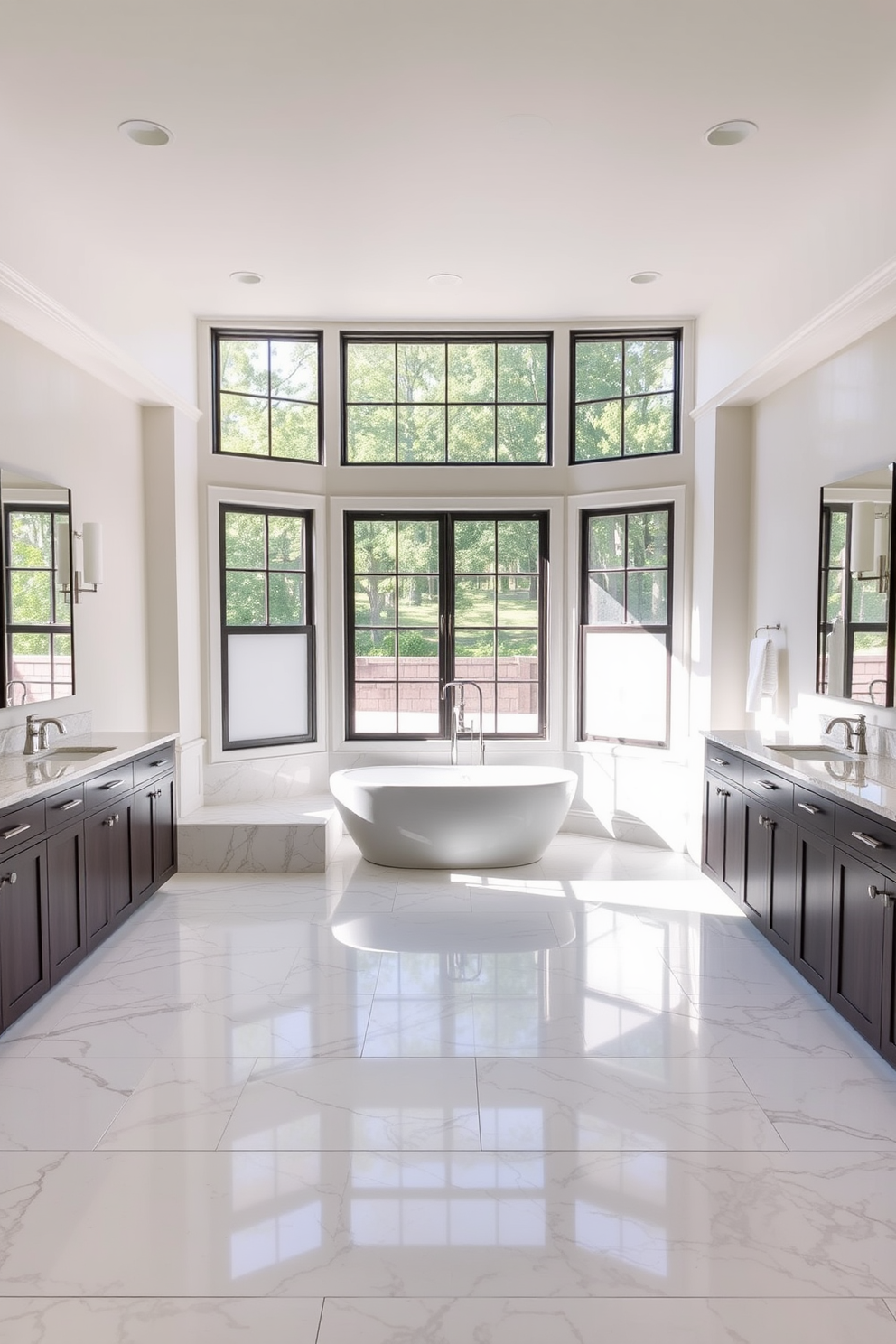 Elegant marble tile flooring installation. The spacious master bathroom features large slabs of white marble with subtle gray veining, creating a luxurious and timeless look. Incorporated into the design are sleek fixtures and a freestanding soaking tub positioned beneath a large window, allowing natural light to flood the space. The walls are adorned with soft, neutral tones that complement the marble flooring, enhancing the overall elegance of the room.