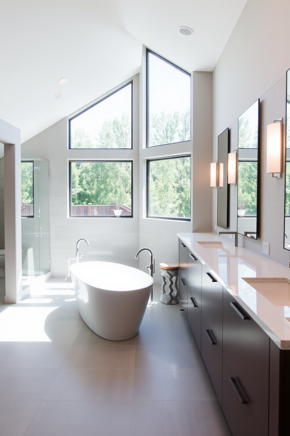 A luxurious master bathroom featuring a freestanding tub as the centerpiece. The tub is surrounded by elegant marble tiles and large windows that allow natural light to flood the space. Soft, ambient lighting complements the serene atmosphere, with stylish pendant lights hanging above. A spacious double vanity with a sleek design and ample storage enhances the functionality of the room.