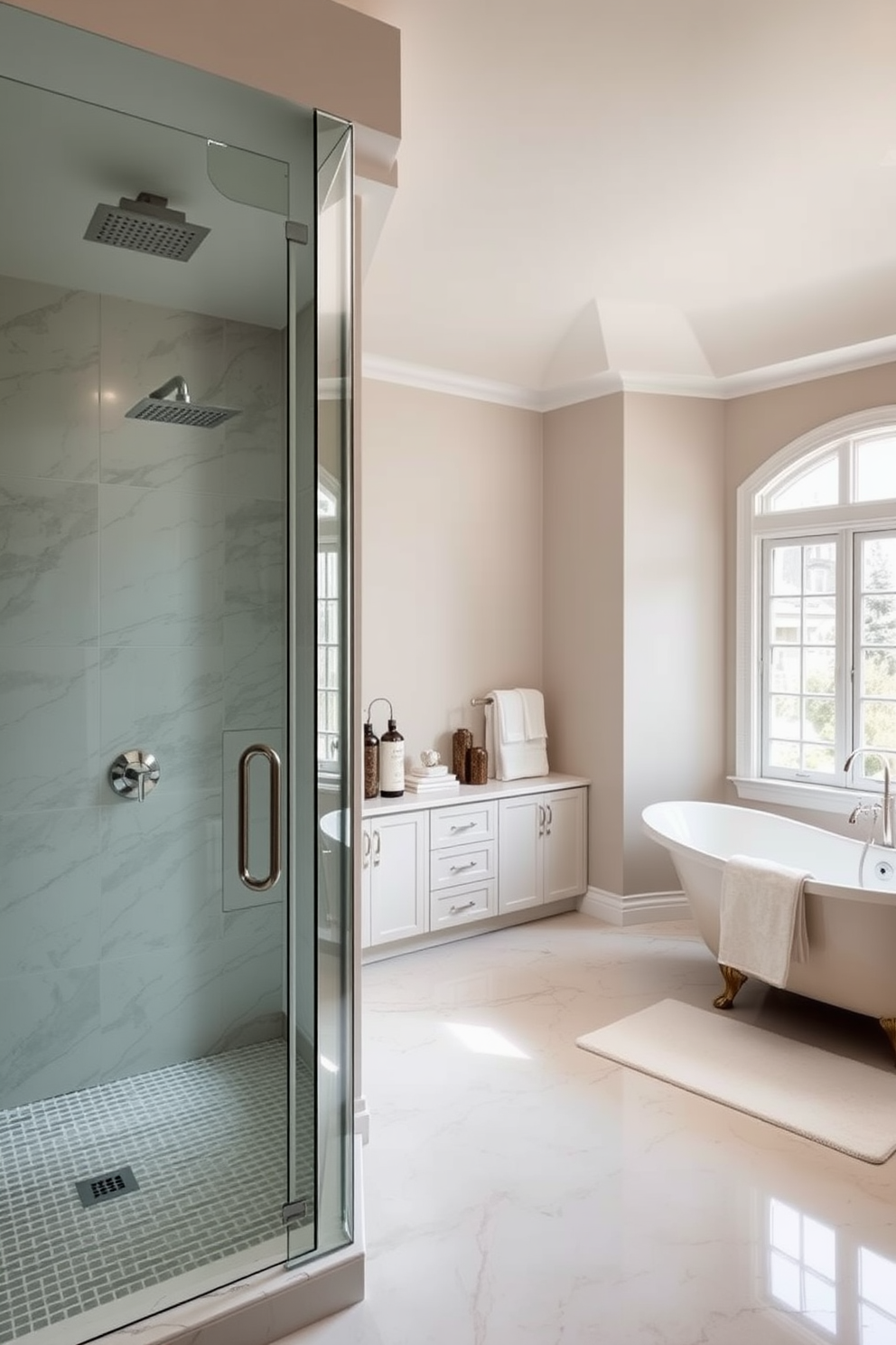 A luxurious master bathroom featuring a spacious walk-in shower with a sleek glass enclosure. The shower is adorned with elegant tiles and a rainfall showerhead, creating a spa-like atmosphere. The room includes a stylish freestanding bathtub positioned near a large window that lets in natural light. Soft, neutral colors dominate the space, complemented by plush towels and tasteful decor.