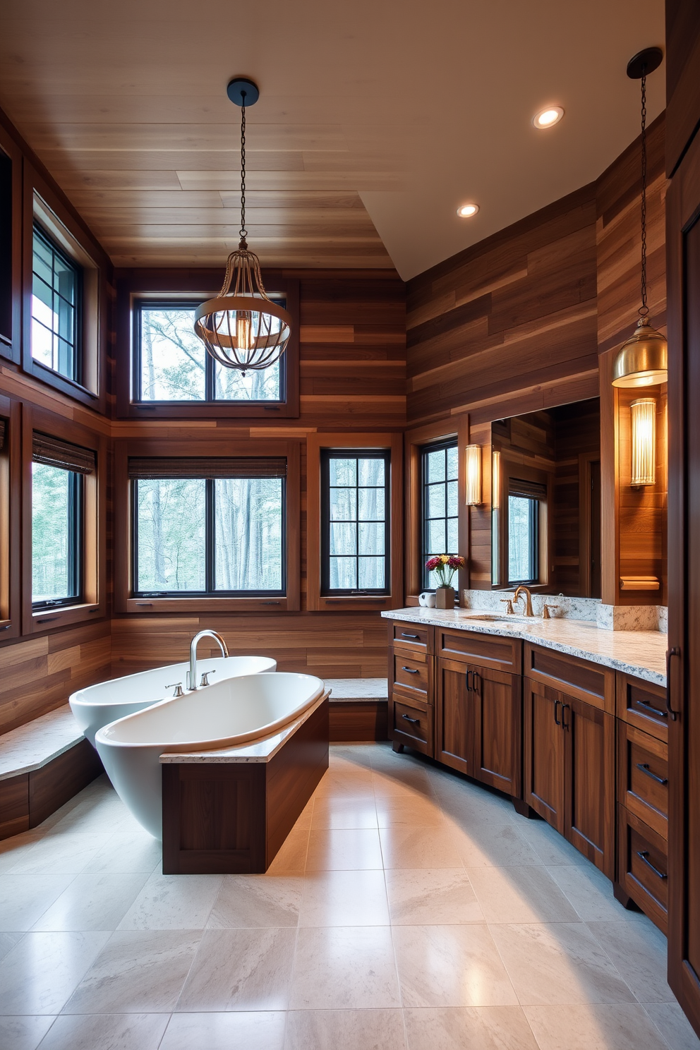 Warm wood accents create a cozy atmosphere in a master bathroom. The space features a freestanding soaking tub surrounded by natural wood paneling, with soft lighting that enhances the inviting ambiance. A spacious double vanity showcases rich wooden cabinetry paired with a stunning quartz countertop. Above the vanity, elegant pendant lights cast a warm glow, while large windows allow natural light to fill the room.