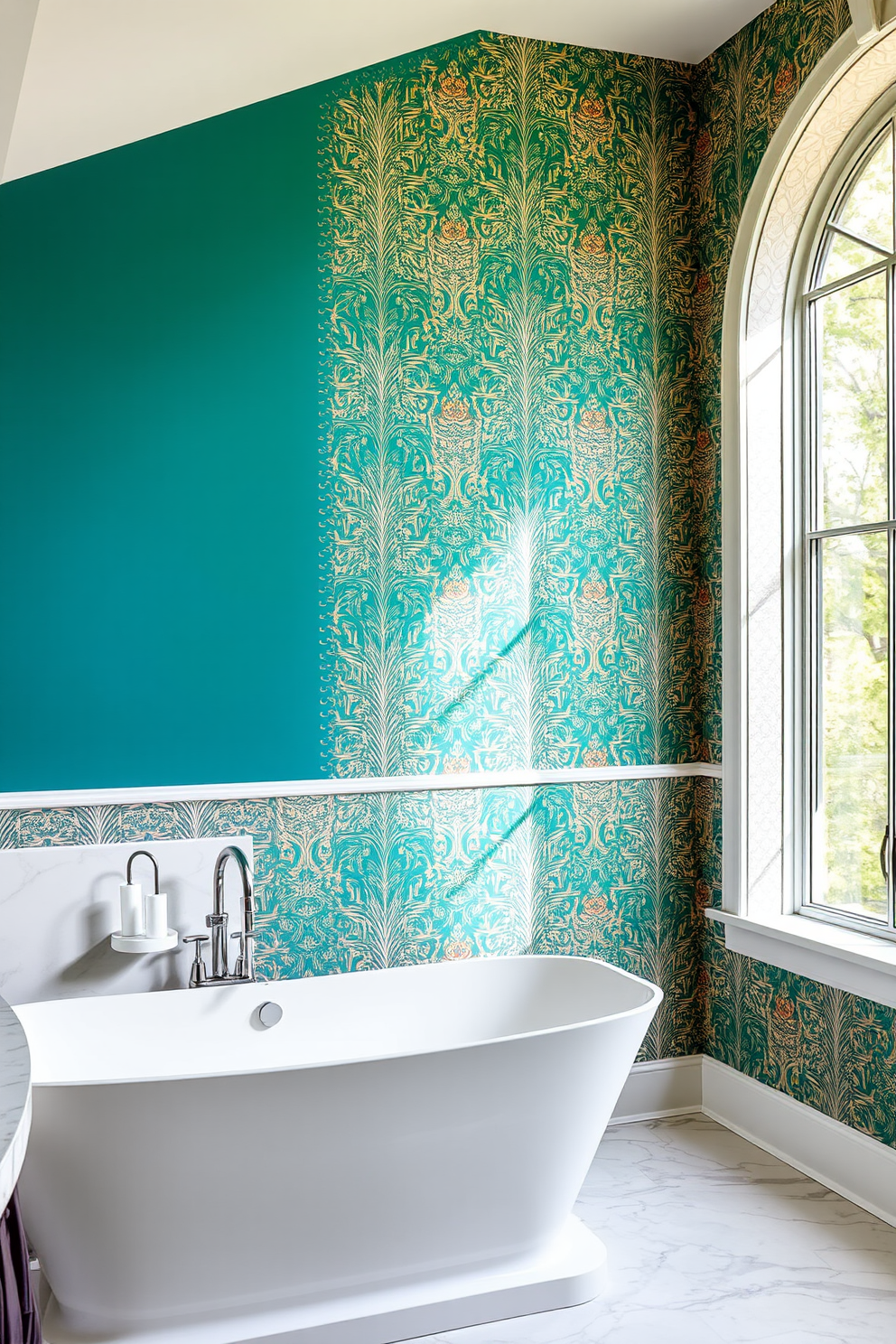 A master bathroom featuring a bold accent wall adorned with unique wallpaper that showcases intricate patterns and vibrant colors. The space includes a freestanding soaking tub positioned near a large window, allowing natural light to flood the room and highlight the elegant fixtures.