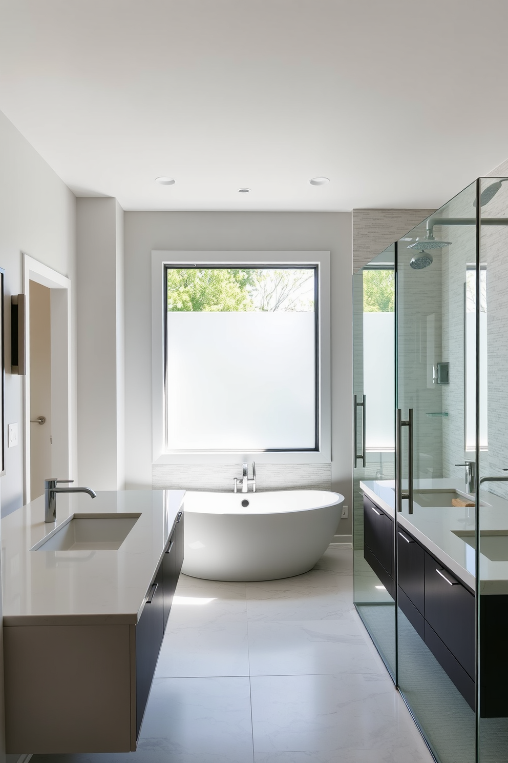 A serene master bathroom featuring a freestanding bathtub positioned beneath a large window that allows natural light to flood the space. The walls are painted in a soft white hue, and the floor is adorned with light gray tiles, creating a calming atmosphere. A sleek double vanity with integrated sinks rests against one wall, complemented by wall-mounted faucets and minimalist pendant lighting above. Simple yet elegant decor items, such as a small potted plant and neatly rolled towels, enhance the uncluttered aesthetic.