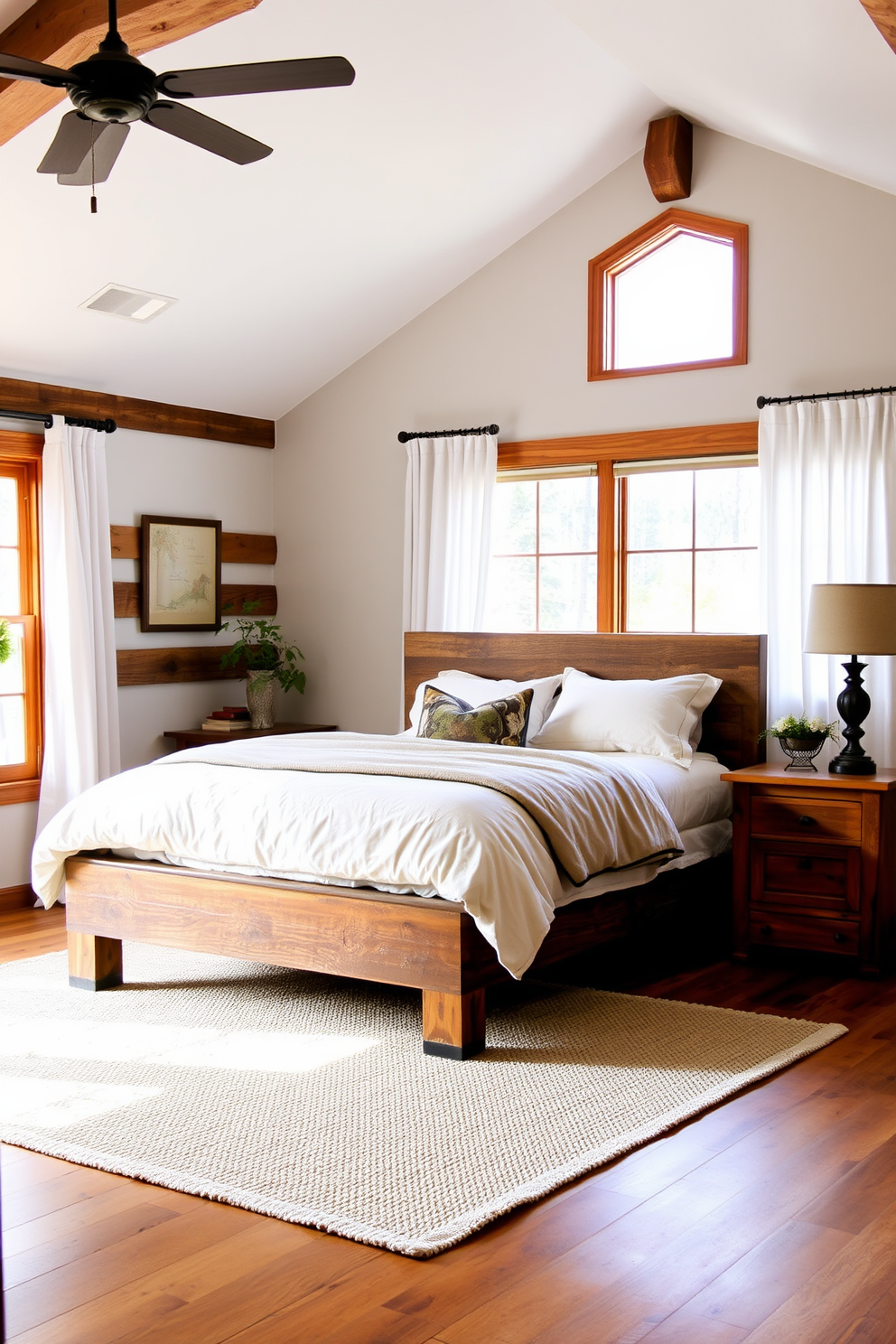 A serene master bedroom featuring a cozy neutral color palette. The walls are painted in soft beige, complemented by a plush cream-colored bedspread and fluffy white pillows. Natural light floods the room through large windows adorned with sheer curtains. A comfortable reading nook with a soft armchair and a small side table creates an inviting atmosphere.