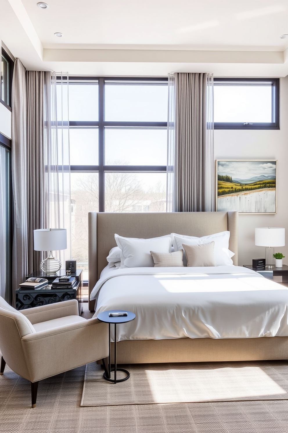 A luxurious master bedroom featuring a grand four poster bed with intricately carved wooden posts and a plush canopy draped in soft fabric. The bedding is a mix of rich textures in deep hues, complemented by elegant bedside tables adorned with stylish lamps and decorative accents.