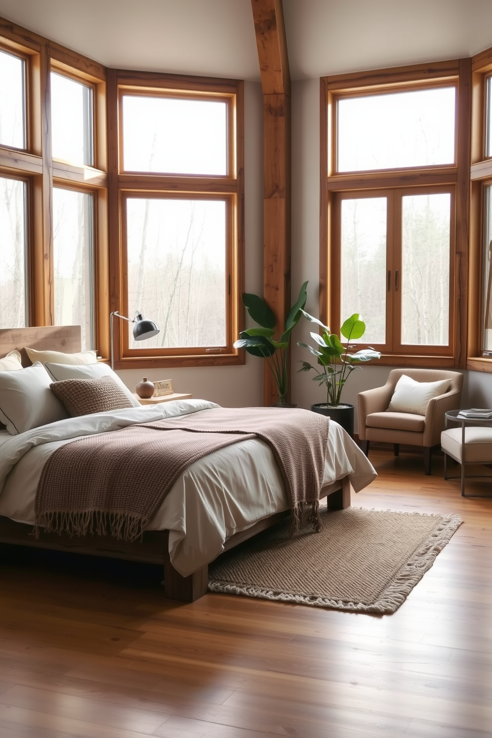 A serene master bedroom featuring a plush king-sized bed dressed in soft white linens. Flanking the bed are elegant nightstands with decorative lamps and lush indoor plants in stylish pots. The walls are painted in a calming light gray, creating a tranquil atmosphere. A cozy reading nook is situated by a large window, adorned with vibrant greenery that enhances the room's natural light.