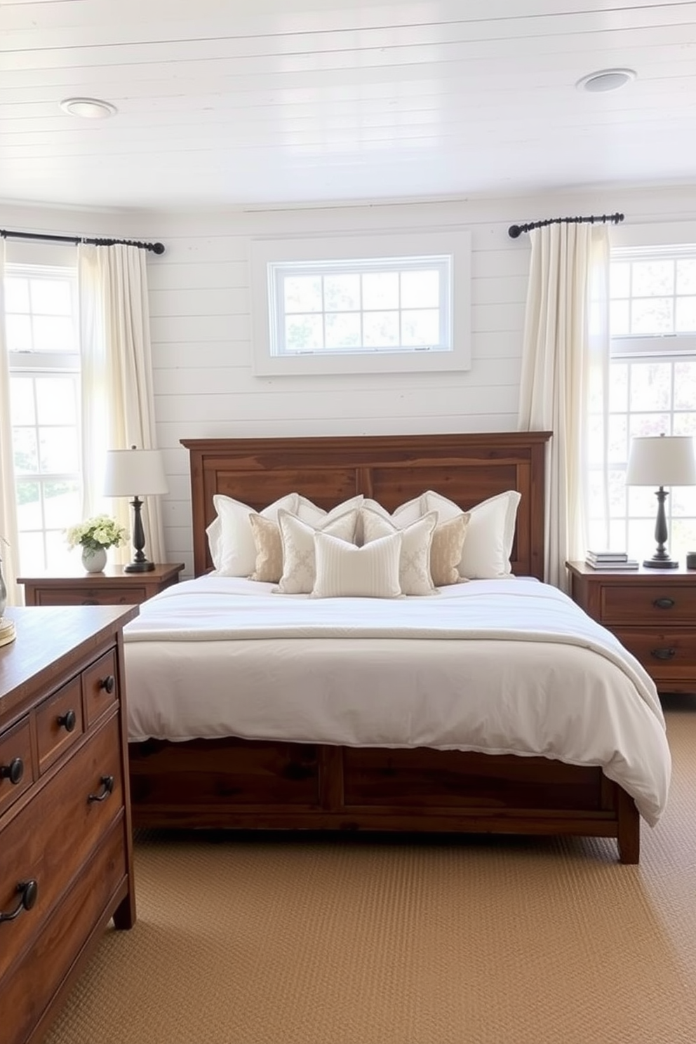 A serene master bedroom setting featuring a king-sized bed dressed in crisp white linens. The headboard is upholstered in a soft gray fabric, and unique decorative pillows in various textures and patterns add a pop of color. To the side of the bed, a cozy reading nook is created with a plush armchair and a small side table. A beautifully draped throw blanket complements the chair, enhancing the room's inviting atmosphere.