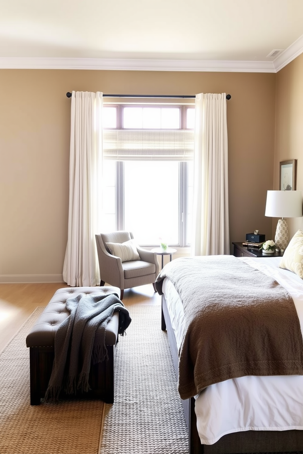 A serene master bedroom featuring a low-profile platform bed with crisp white linens and a plush gray throw. Large windows allow natural light to flood the space, highlighting the soft beige walls and light hardwood flooring. On either side of the bed, sleek nightstands hold simple lamps with clean lines. A cozy reading nook is created with a minimalist chair and a small side table in the corner, adorned with a single green plant.