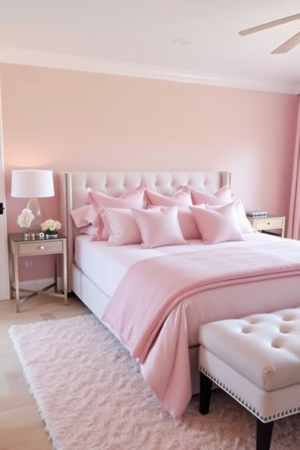 A serene master bedroom featuring a plush king-sized bed with a tufted headboard dressed in soft, neutral linens. Flanking the bed are elegant nightstands with stylish lamps that emit warm, inviting light. The walls are painted in a calming beige tone, complemented by a large piece of abstract art above the bed. A cozy seating area in the corner includes a pair of armchairs and a small coffee table, perfect for morning coffee or evening reading.