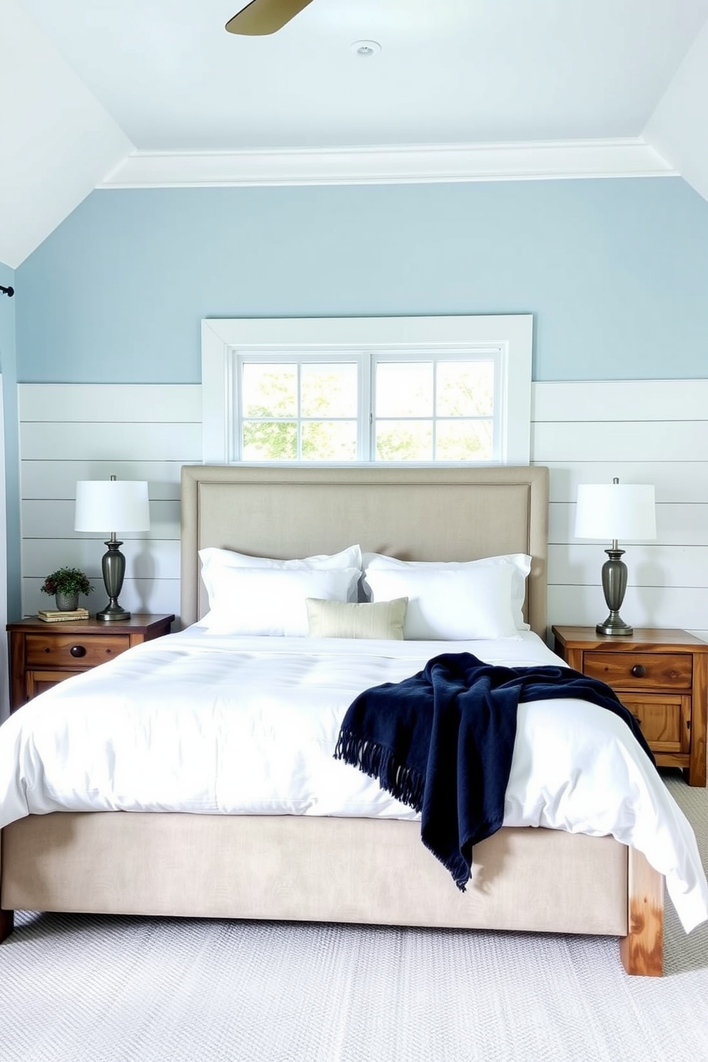 A serene master bedroom featuring a cozy reading nook by the window. The nook includes a plush armchair with soft throw pillows and a small side table for books and a cup of tea. The bed is positioned centrally against a feature wall adorned with textured wallpaper. Soft, layered bedding in neutral tones complements the warm wooden furniture and creates a tranquil atmosphere.