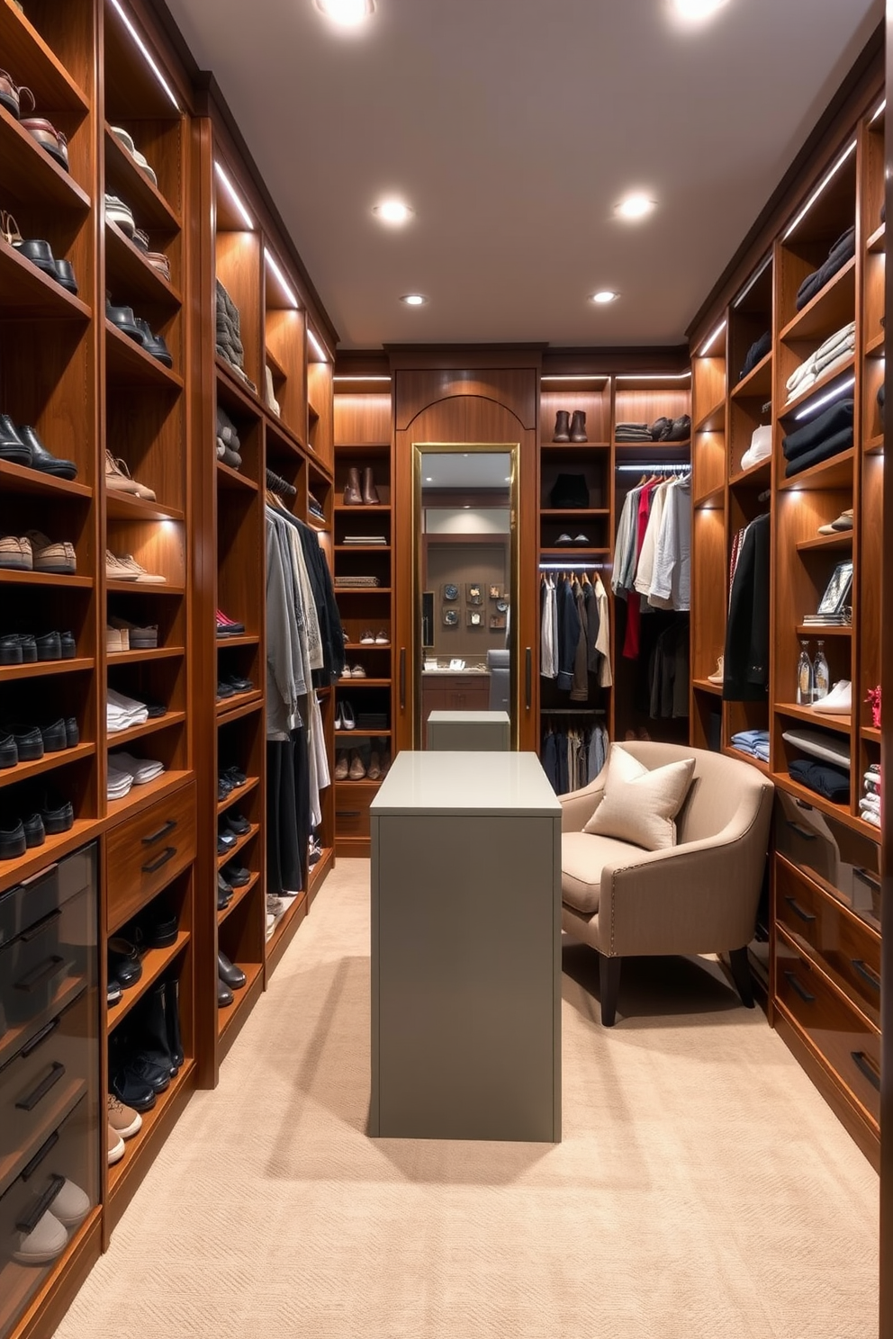 A stylish walk-in closet designed for a master bedroom features vertical storage solutions that maximize space efficiency. Tall shelving units line the walls, displaying neatly organized shoes and accessories, while a central island provides additional storage and a surface for folding clothes. Soft lighting illuminates the space, highlighting the rich wood finishes and plush carpet underfoot. A full-length mirror is strategically placed to enhance the feeling of openness, while a cozy seating area invites relaxation amidst the organized elegance.