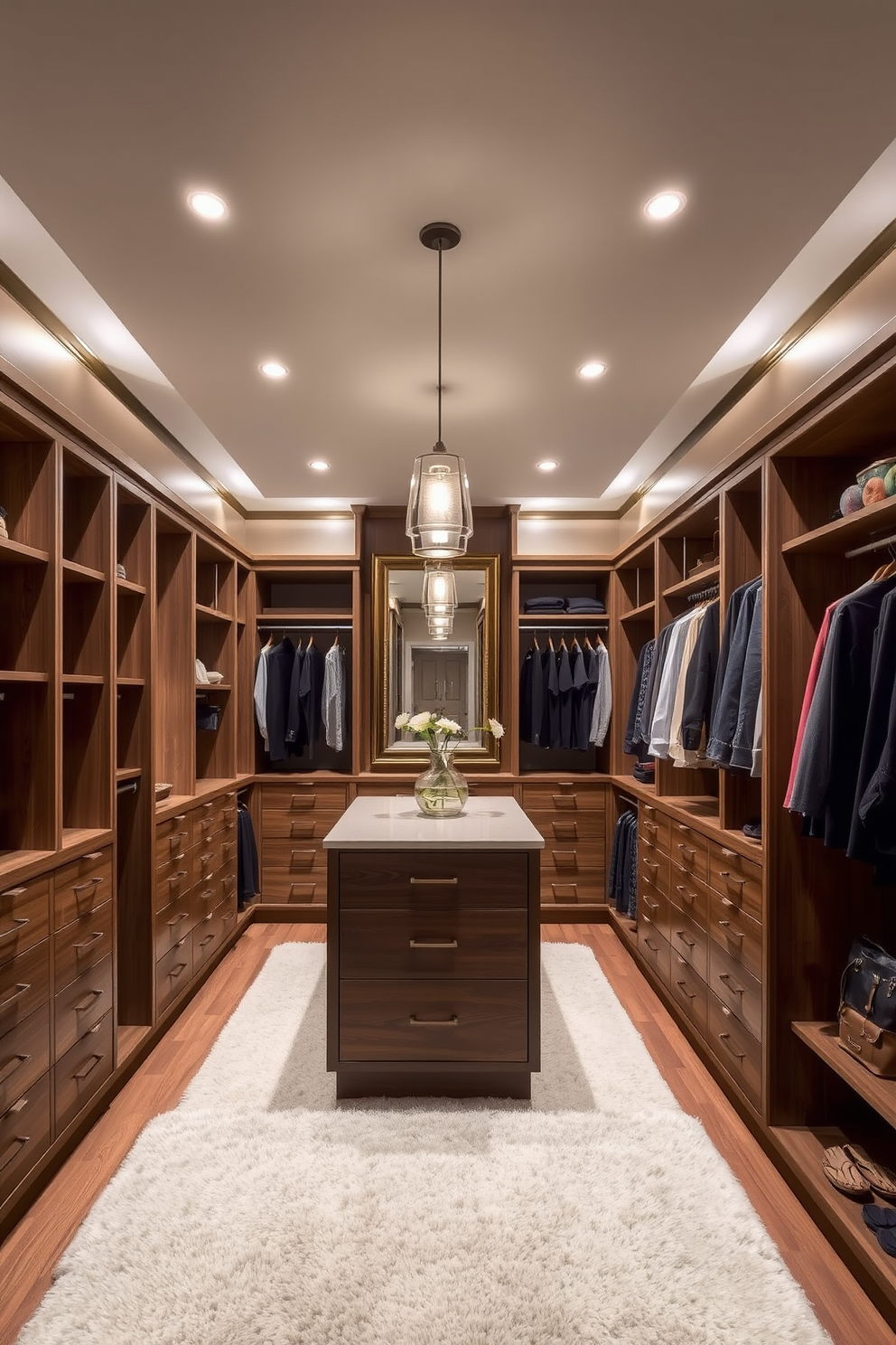 A master bedroom walk-in closet designed with layered lighting for functional use. Soft recessed lights illuminate the space while pendant lights add a touch of elegance above the central island. Custom shelving and drawers provide ample storage, with a full-length mirror reflecting the stylish layout. Warm wood tones and neutral colors create a calming atmosphere, complemented by a plush area rug underfoot.