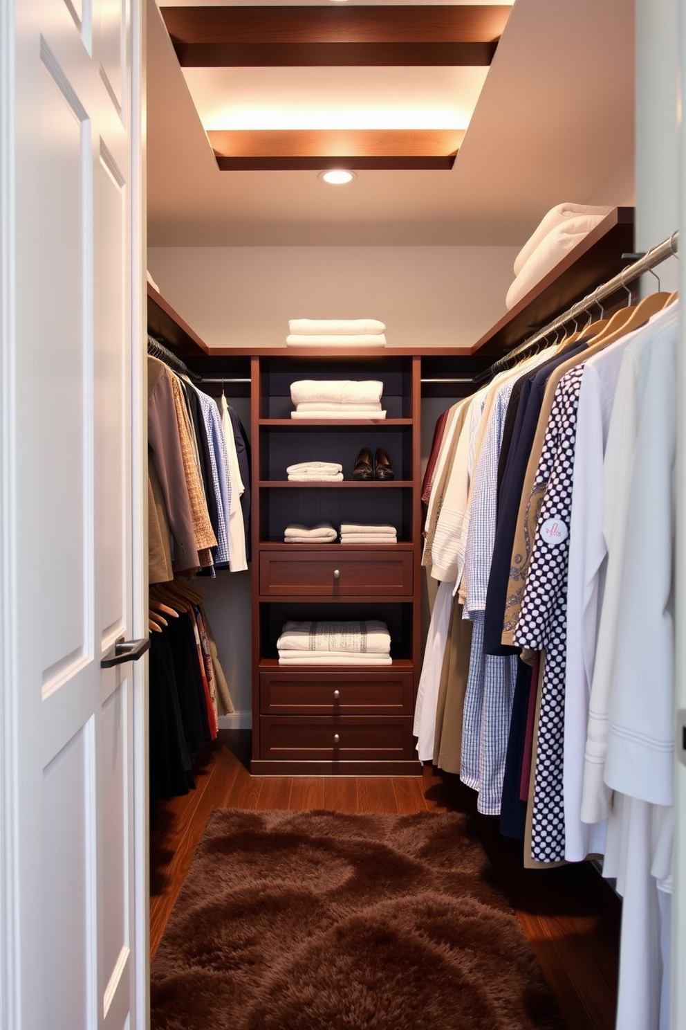 A luxurious master bedroom walk-in closet featuring vertical storage solutions for maximum efficiency. The closet is designed with floor-to-ceiling shelving, incorporating a mix of open and closed storage options for shoes, bags, and clothing. Soft ambient lighting illuminates the space, highlighting the rich wood finishes and elegant hardware. A plush area rug adds warmth, while a full-length mirror enhances the feeling of openness and sophistication.