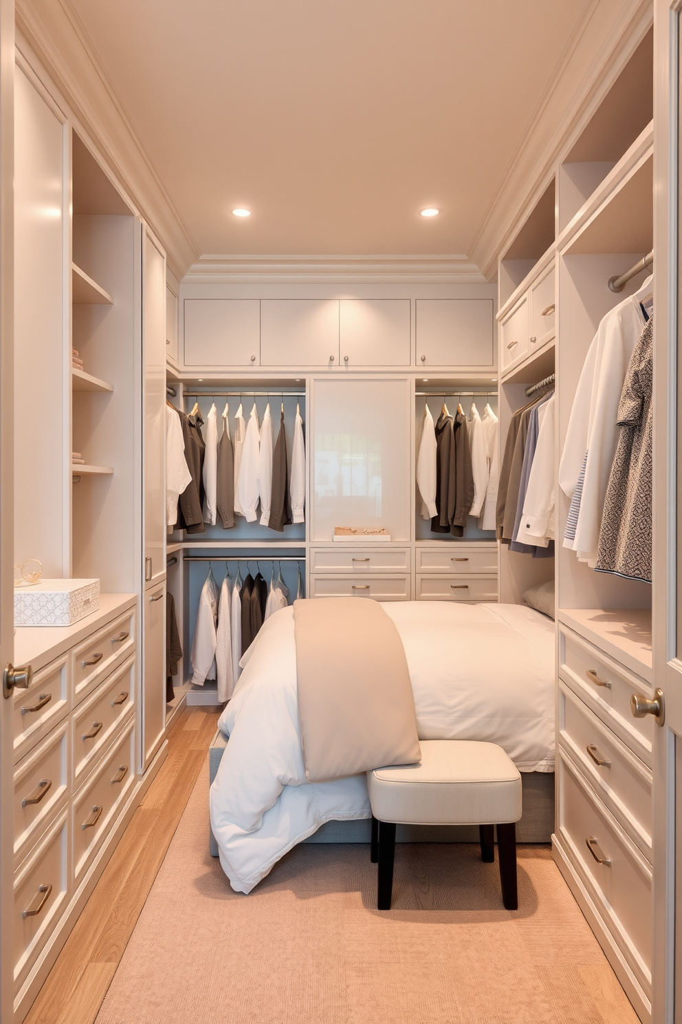 A luxurious dressing area featuring a full-length mirror framed in elegant gold. The space is adorned with soft lighting and plush seating, creating a serene atmosphere for getting ready. The master bedroom boasts a spacious walk-in closet with custom shelving and ample storage. Natural light pours in through a nearby window, illuminating the organized and stylish display of clothing and accessories.