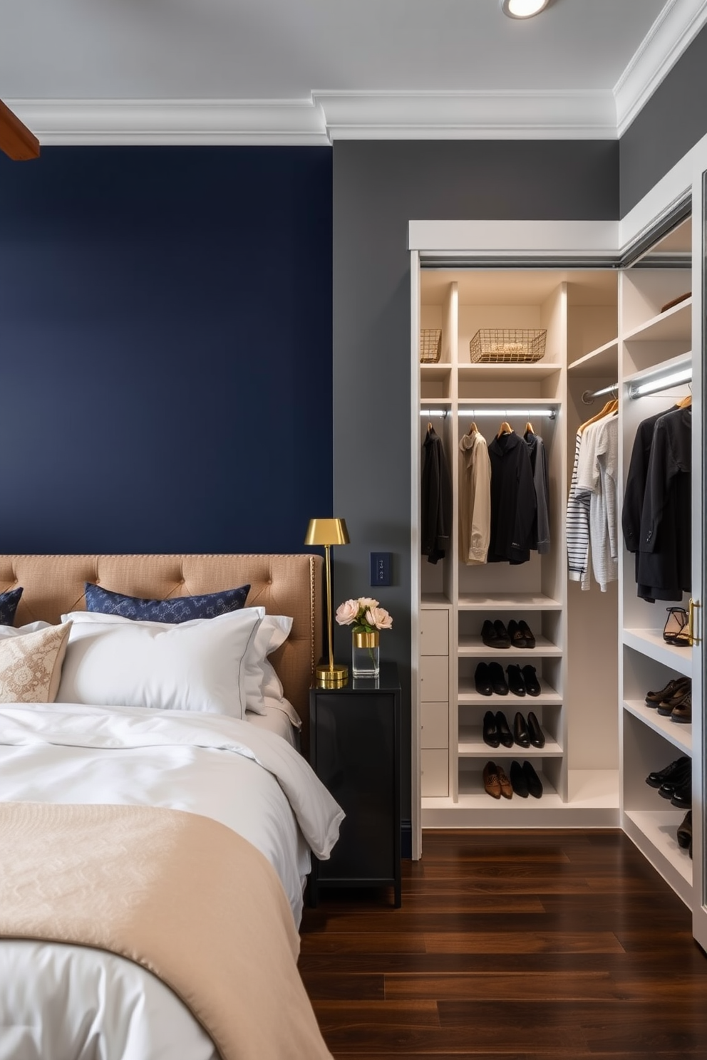 A master bedroom featuring a bold accent wall painted in deep navy blue, creating a striking focal point in the room. The space is complemented by soft white bedding and elegant gold accents throughout. The walk-in closet is designed with custom shelving and hanging space, maximizing storage while maintaining a sleek aesthetic. Soft LED lighting illuminates the area, highlighting the carefully organized shoes and accessories.