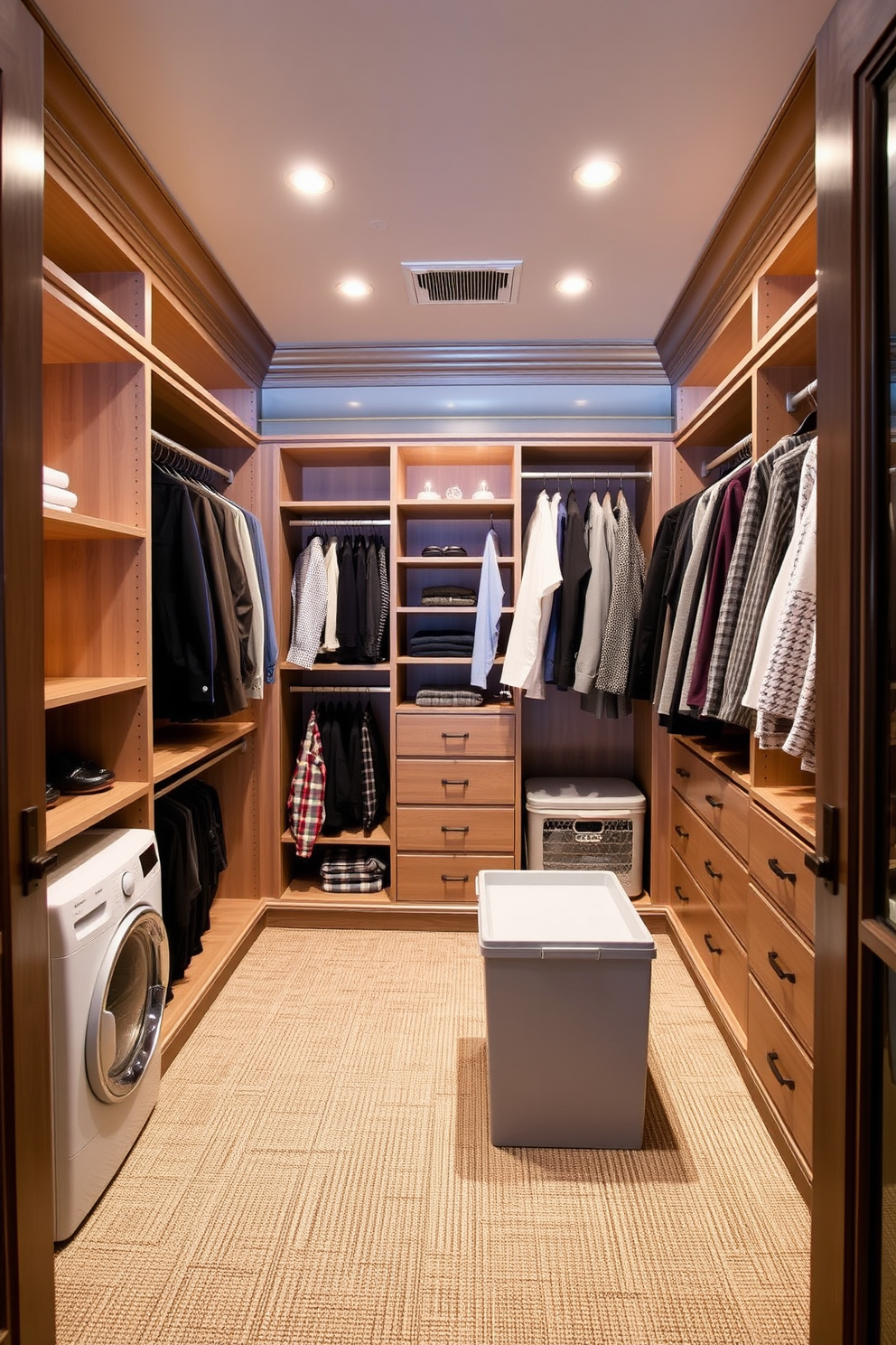 A spacious master bedroom walk-in closet featuring integrated laundry hampers for convenience. The closet is designed with custom shelving and hanging spaces, illuminated by soft recessed lighting that enhances the elegant finishes.