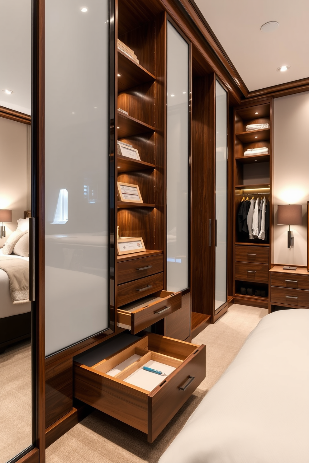 A luxurious master bedroom walk-in closet featuring pull-out drawers for hidden storage. The space is designed with elegant wooden shelving and soft ambient lighting to create a warm and inviting atmosphere.