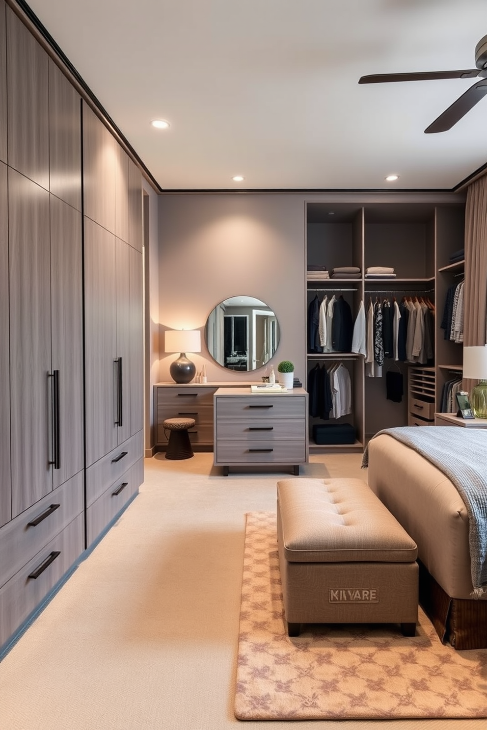 A master bedroom featuring an accent wall adorned with bold wallpaper that showcases a vibrant floral pattern. The remaining walls are painted in a soft neutral tone, creating a striking contrast that enhances the room's elegance. The walk-in closet is designed with custom shelving and hanging space, providing ample storage for clothing and accessories. Elegant lighting fixtures illuminate the space, while a plush area rug adds warmth and comfort underfoot.