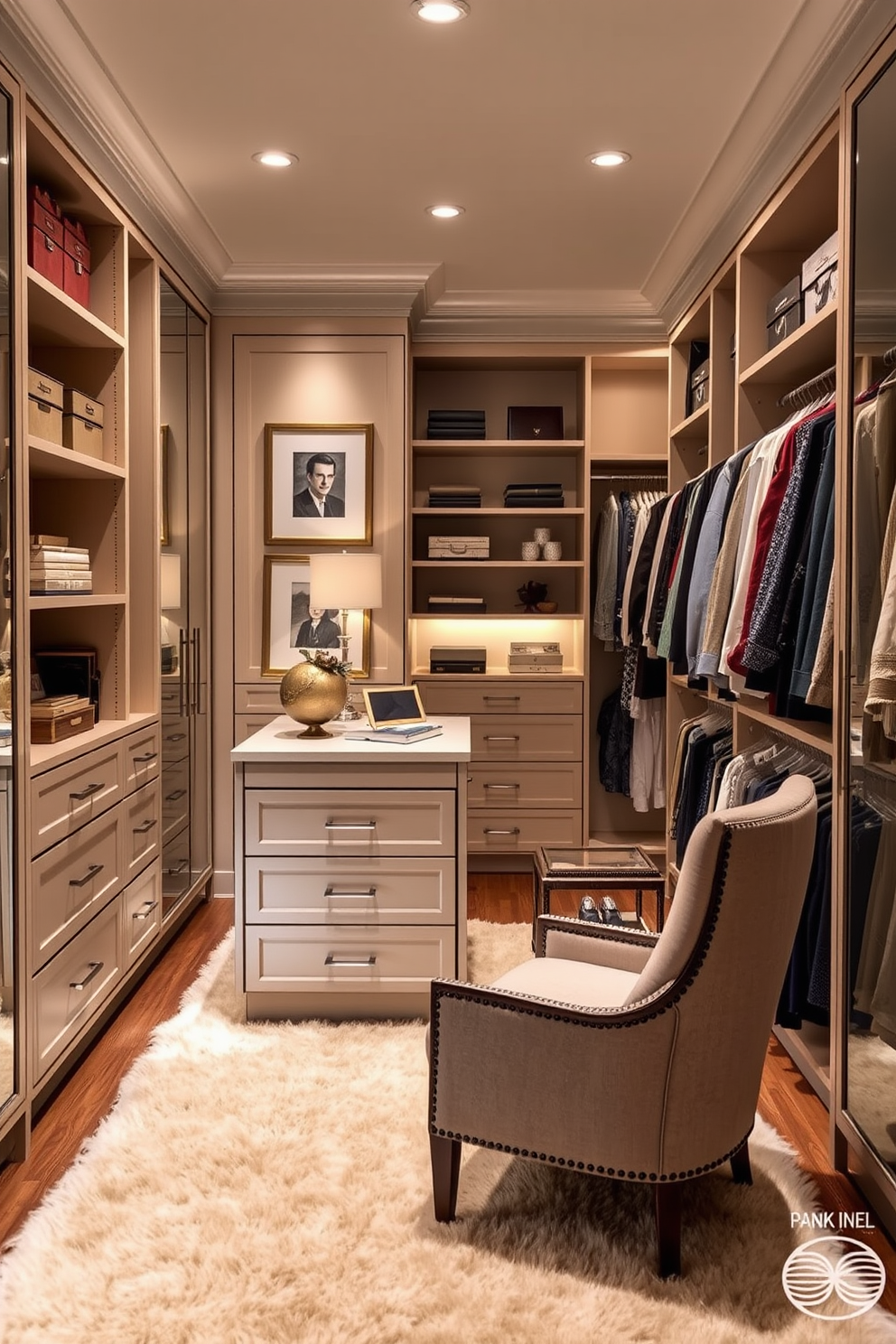 Artistic displays for personal touch. The walk-in closet features custom shelving with a mix of open and closed storage, allowing for both organization and aesthetic appeal. Soft lighting illuminates the space, highlighting framed artwork and decorative boxes that add a personal touch. A plush area rug anchors the room, creating a warm and inviting atmosphere. Master Bedroom Walk-In-Closet Design Ideas. The closet includes a central island with drawers for accessories, surrounded by hanging space for clothing on either side. Mirrored doors reflect the light and create a sense of spaciousness, while a cozy reading nook with a small chair and shelf adds functionality.