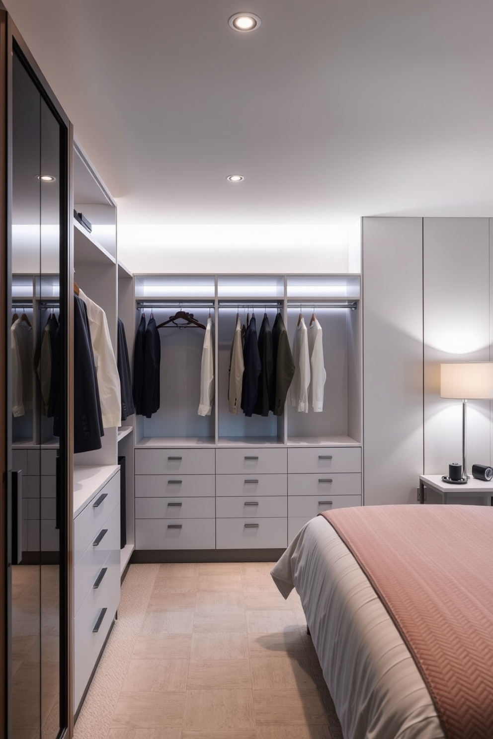 A luxurious master bedroom walk-in closet featuring pull-out drawers for accessories. The space is illuminated by soft ambient lighting and showcases elegant shelving made of dark wood.