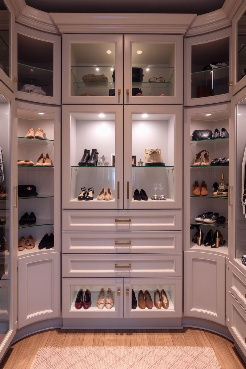 Elegant glass-front cabinets showcase an organized collection of shoes and accessories, allowing for easy visibility and access. Soft ambient lighting highlights the curated items while maintaining a warm and inviting atmosphere in the master bedroom walk-in closet.