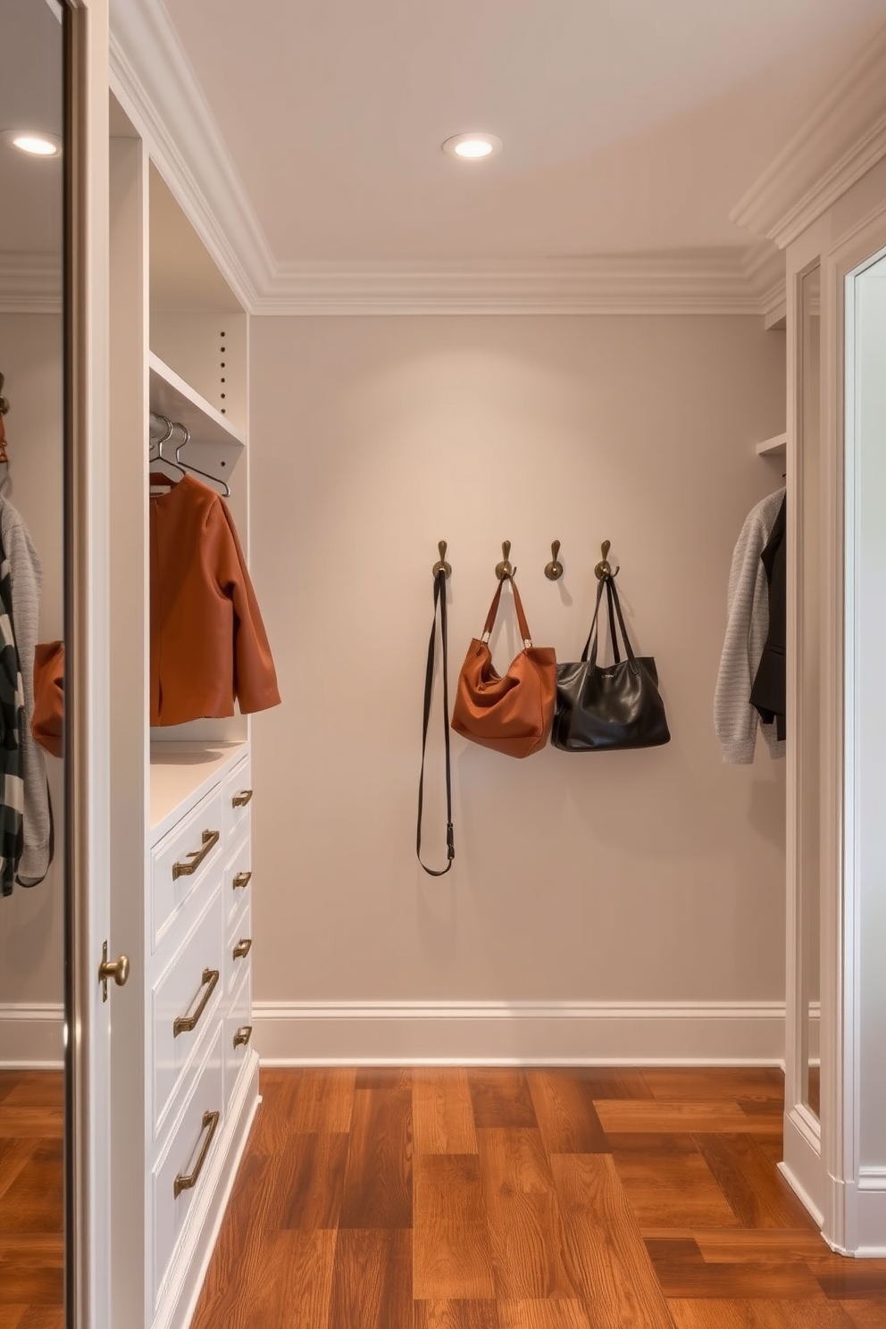 A luxurious master bedroom walk-in closet features elegant hooks for accessories and bags. The walls are adorned with soft neutral tones, and the flooring is a polished hardwood that complements the overall aesthetic.