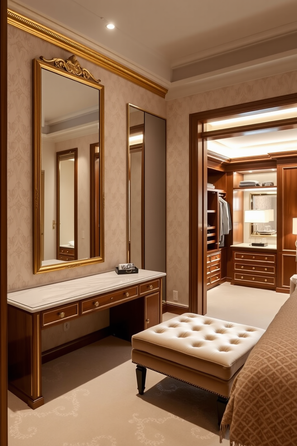 A luxurious dressing area features a full-length mirror framed in elegant gold. The walls are adorned with soft beige wallpaper, and a plush velvet ottoman sits invitingly in front of the mirror. The master bedroom boasts a spacious walk-in closet designed with custom shelving. Rich wooden cabinetry complements the soft lighting, creating a warm and inviting atmosphere.