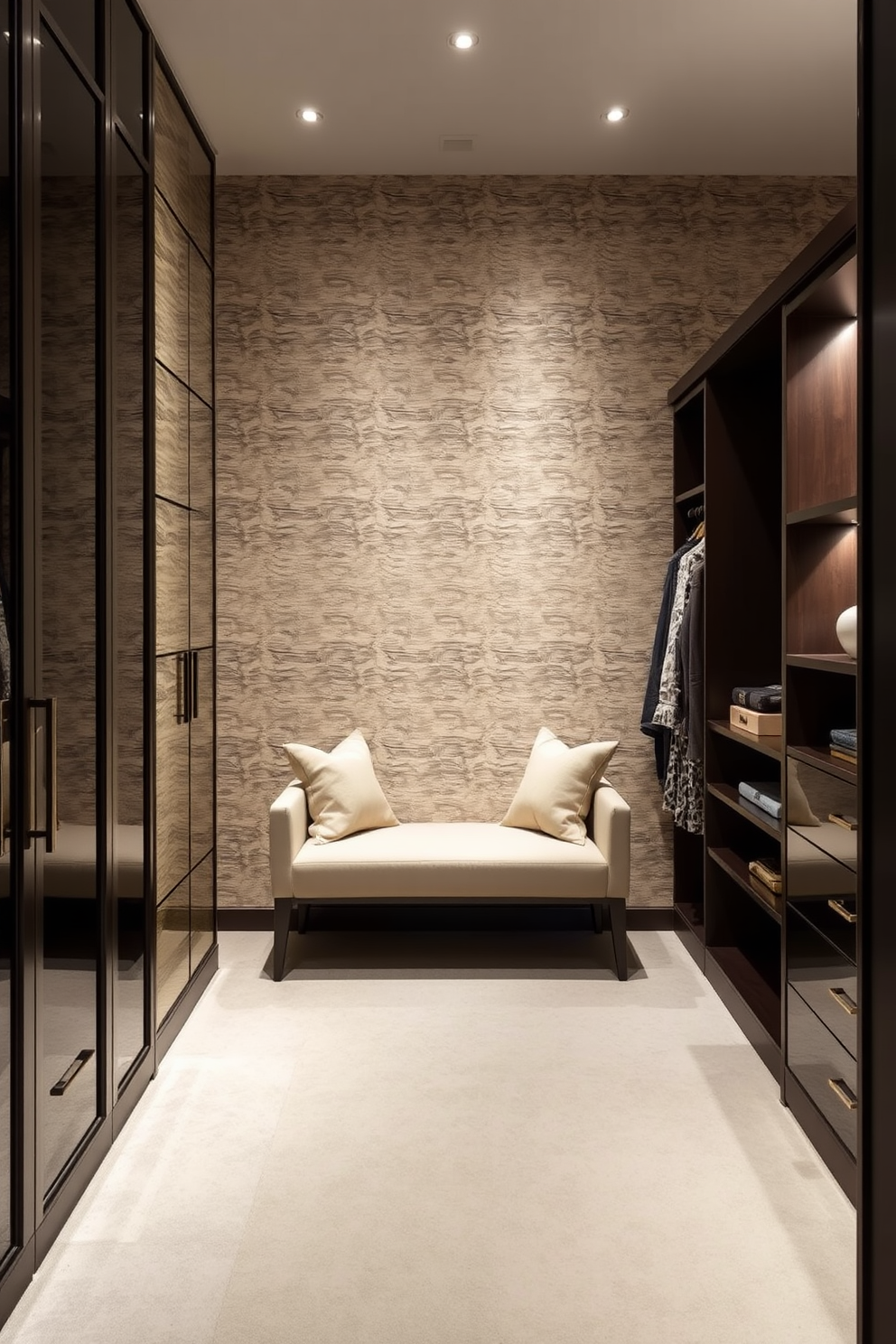 A master bedroom walk-in closet featuring textured wallpaper that adds depth and character to the space. The closet is designed with custom shelving, elegant lighting, and a plush seating area for a luxurious touch.