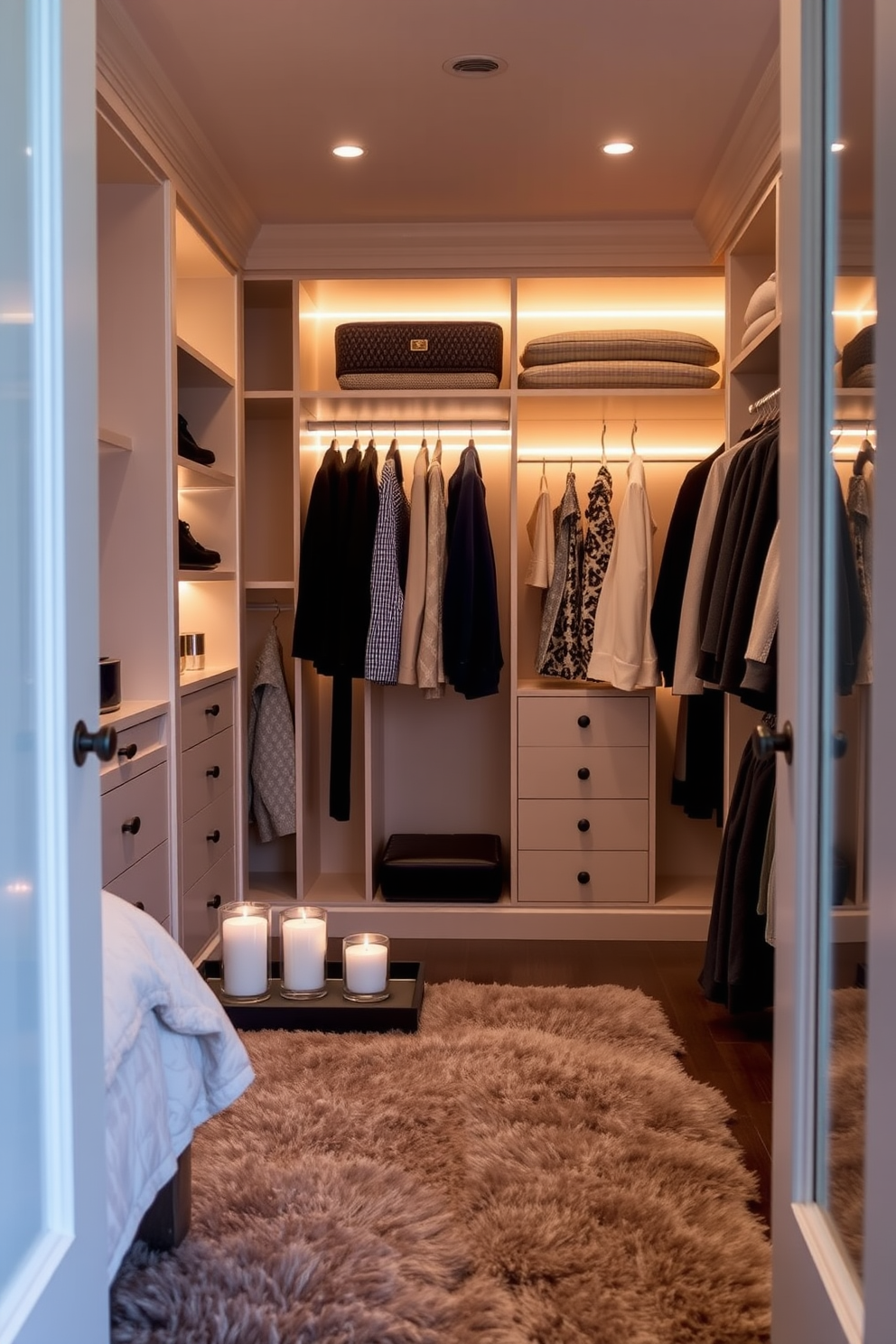 A serene master bedroom walk-in closet featuring elegant shelving and hanging spaces. Soft ambient lighting illuminates the area, creating a warm and inviting atmosphere. The closet is adorned with scented candles placed on stylish trays, enhancing the relaxing ambiance. Plush rugs cover the floor, providing comfort underfoot while accentuating the overall design.