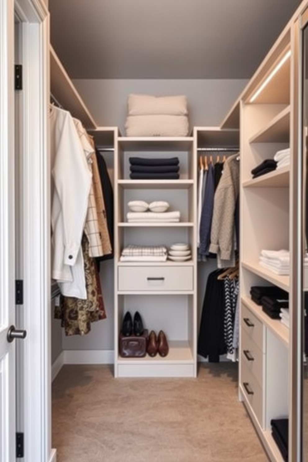 A stylish master bedroom walk-in closet features a seasonal clothing rotation system designed for optimal organization. Custom shelving and hanging rods are strategically placed to accommodate various clothing types, ensuring easy access and visibility.