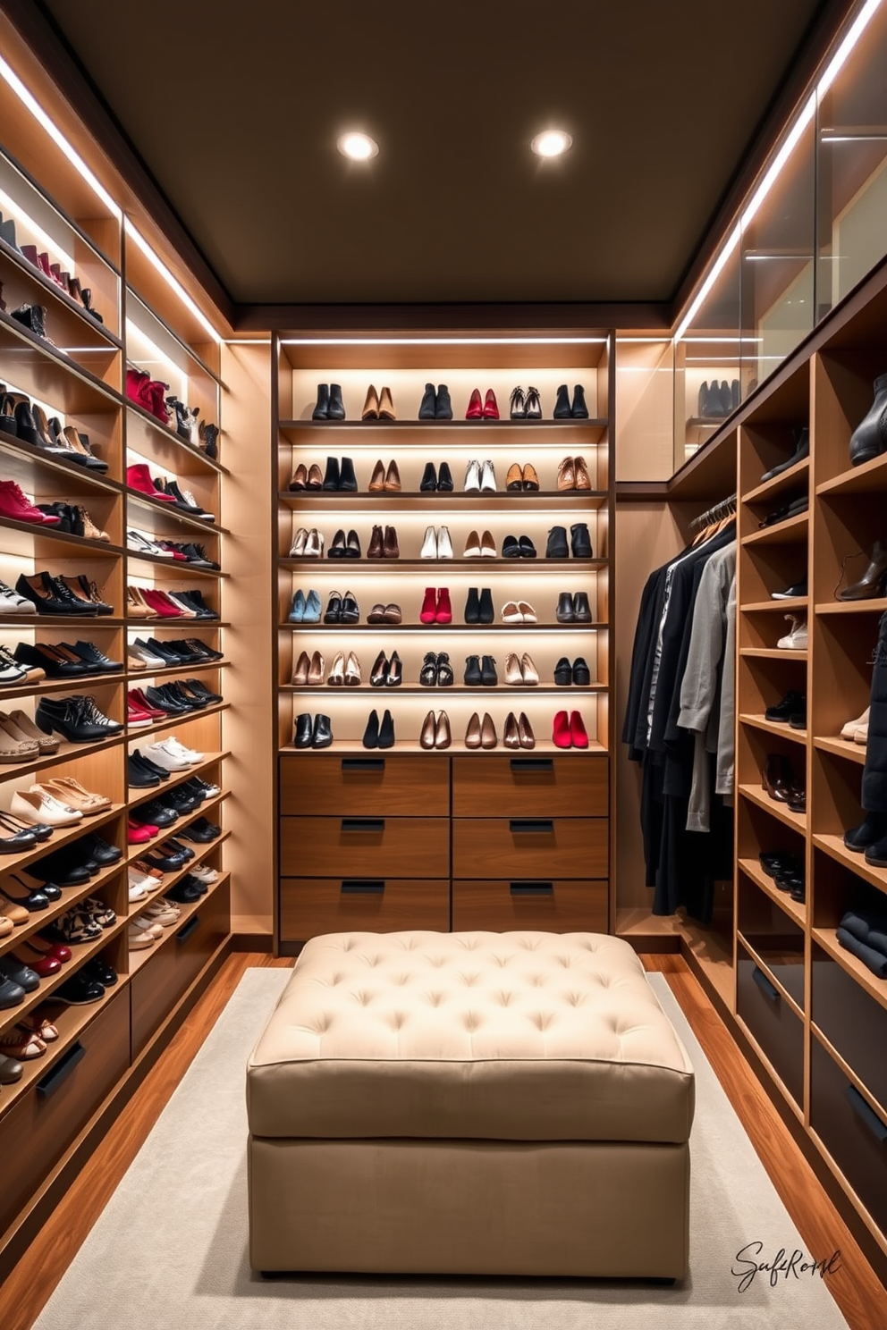 A personalized shoe wall for organization features a sleek design with custom shelving that showcases an array of stylish footwear. The wall is illuminated with soft LED lighting, creating an inviting atmosphere in the master bedroom walk-in closet. The walk-in closet includes a spacious layout with a combination of open shelving and closed cabinetry for clothing storage. A plush ottoman sits in the center, providing a comfortable space for putting on shoes or planning outfits.